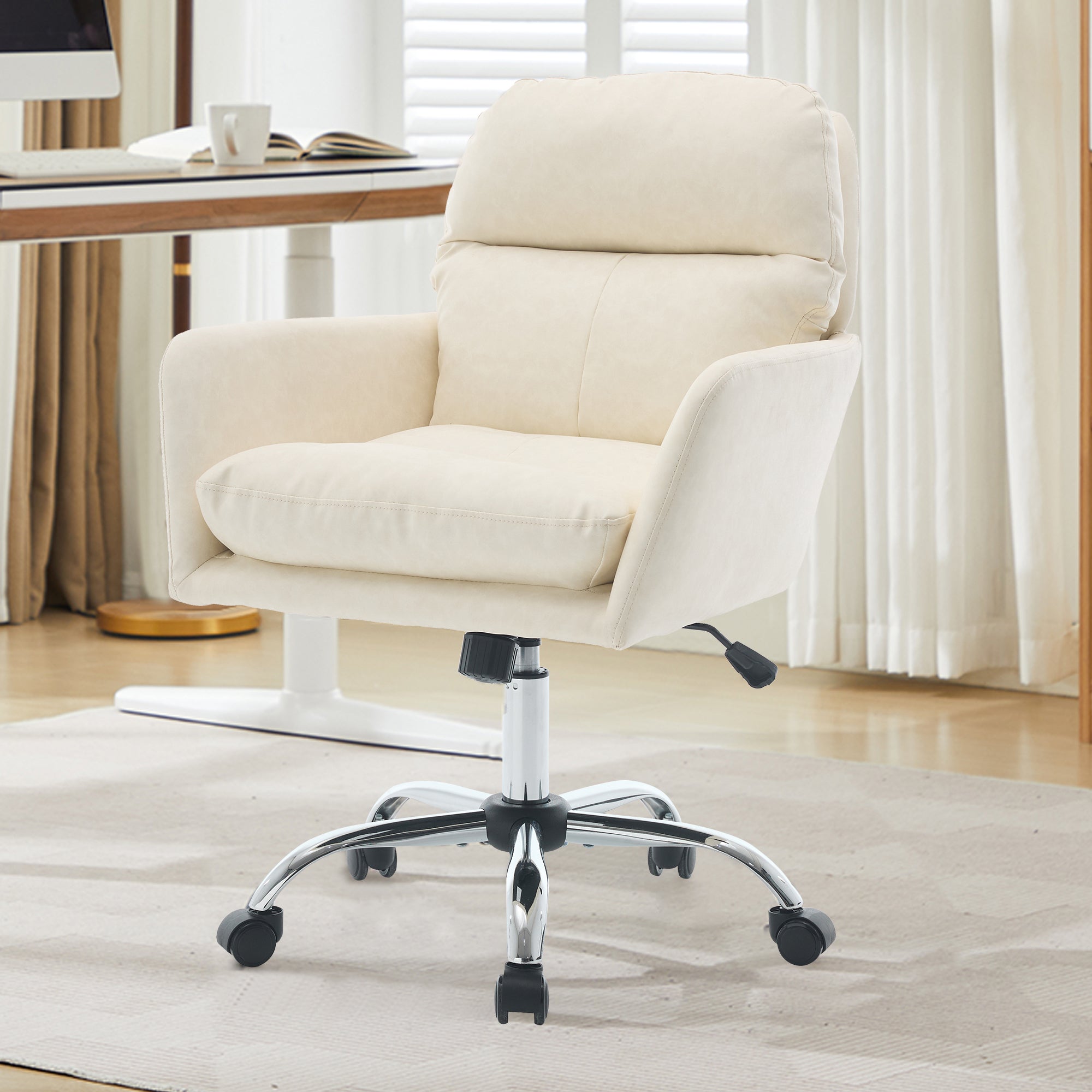 Modern Office Chair with Adjustable Height, White PU Leather Upholstery, Metal Frame for Office, Bedroom, Dressing Table Use 