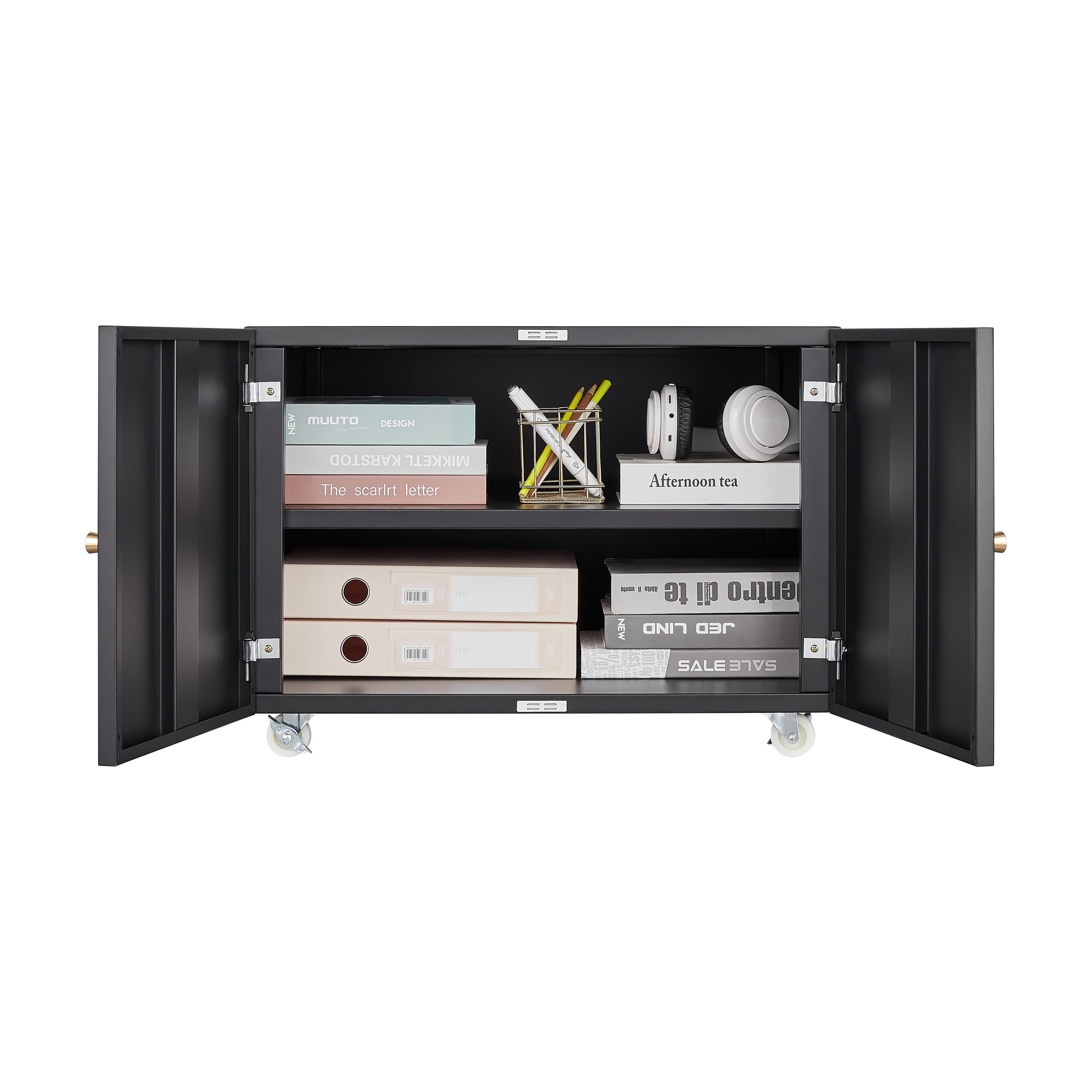 Modern Office Copier Cabinet Black 2-Door Steel Mobile Pedestal File Printer Stand | Premium Home Decor - Grand Goldman