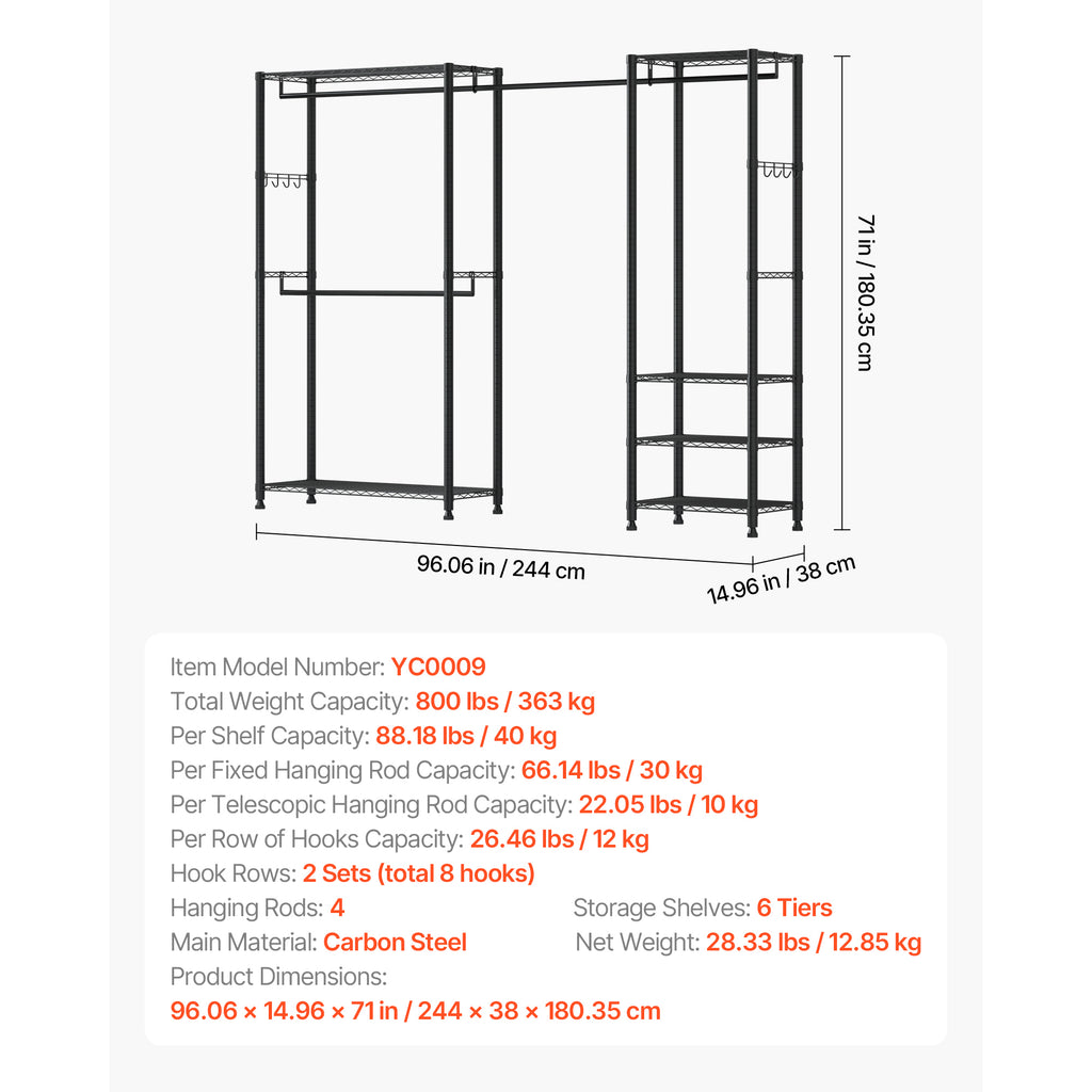 Clothing Garment Rack, Heavy Duty Clothes Rack, Freestanding Clothes Racks with Steel Frame, 800 lbs Load Capacity Closet Wardrobe with Storage Shelves for Bedroom, Clothing Store, Hallway - Grand Goldman Shop