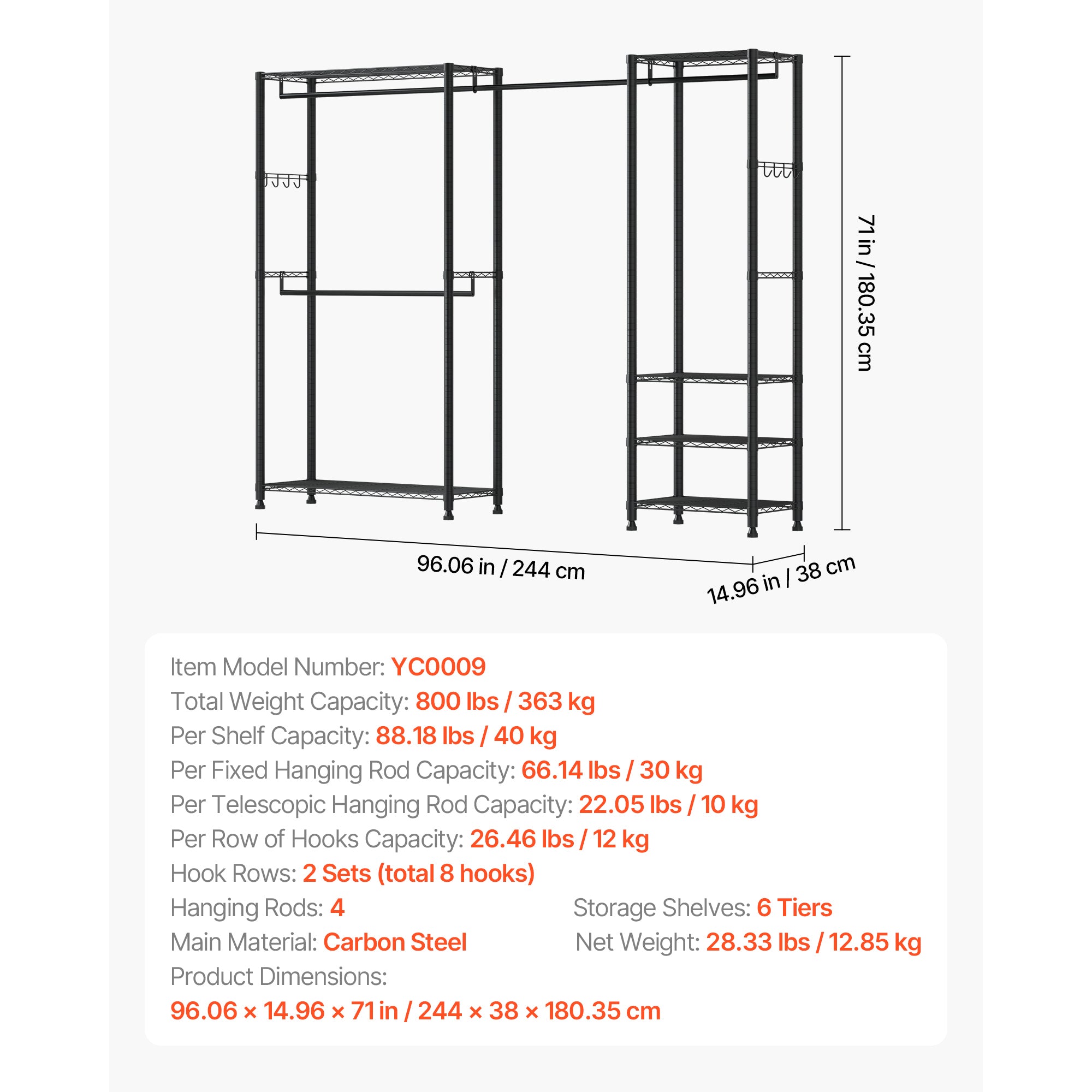 Clothing Garment Rack, Heavy Duty Clothes Rack, Freestanding Clothes Racks with Steel Frame, 800 lbs Load Capacity Closet Wardrobe with Storage Shelves for Bedroom, Clothing Store, Hallway - Grand Goldman Shop