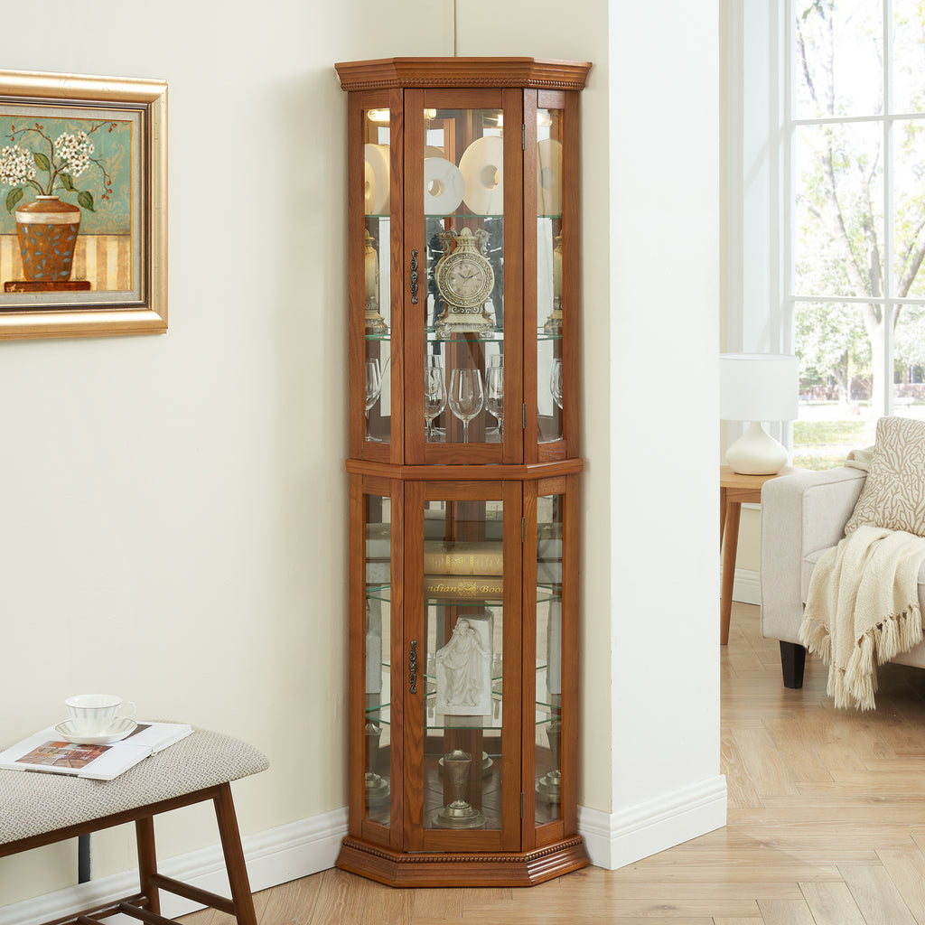 Corner Curio Cabinet Lighted Corner Display, Glass Display Shelf Shelving Bar cabinet with Tempered Glass Door, Bar Cabinet,Cabinet with Adjustable Shelf Glass Cabinet Shelves Bead Bulb Included OAK - Grand Goldman Shop