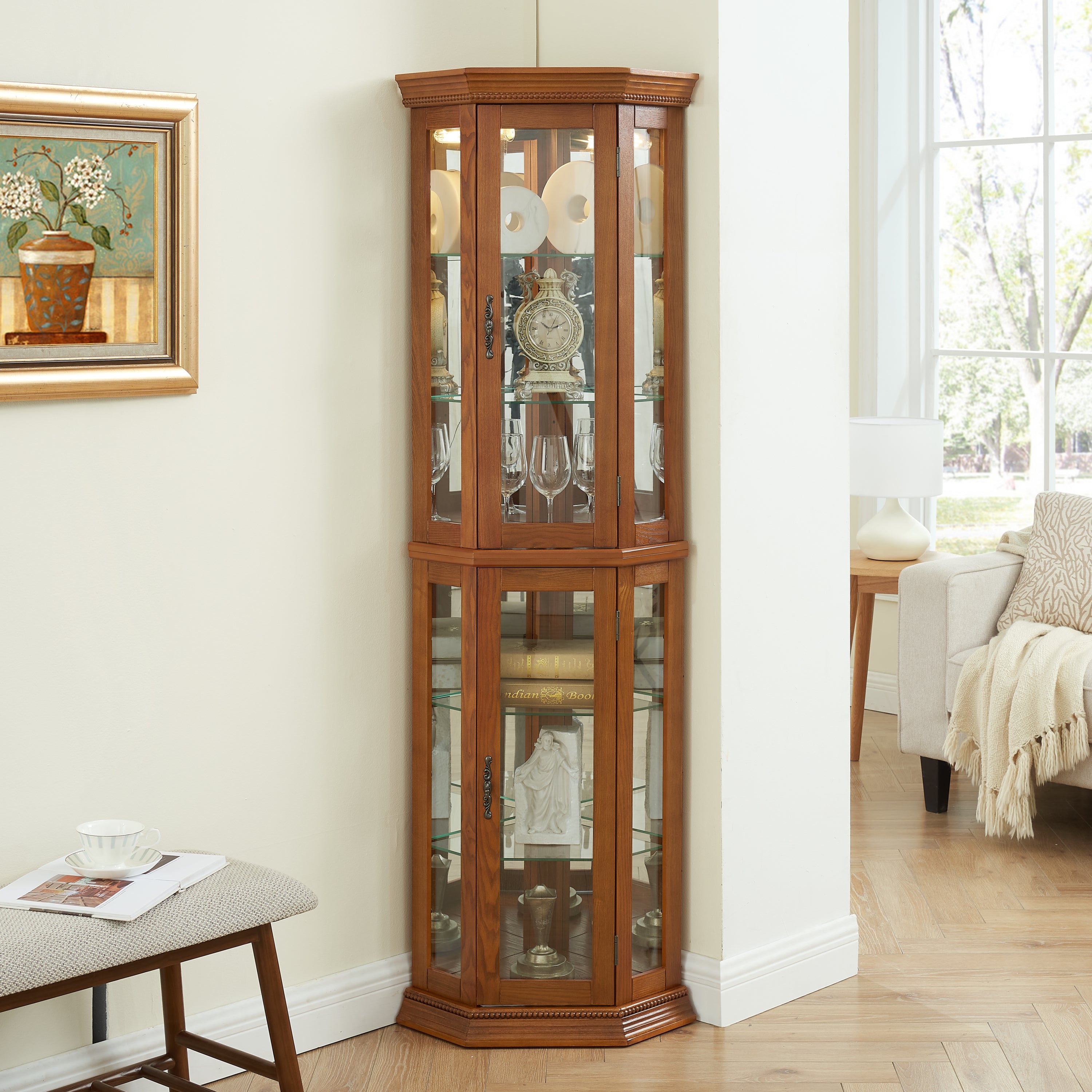 Corner Curio Cabinet Lighted Corner Display, Glass Display Shelf Shelving Bar cabinet with Tempered Glass Door, Bar Cabinet,Cabinet with Adjustable Shelf Glass Cabinet Shelves Bead Bulb Included OAK - Grand Goldman Shop