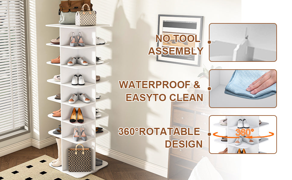 7-Tier Square Rotating Shoe Rack Tower with 360° Spinning Organizer, White - Grand Goldman Shop