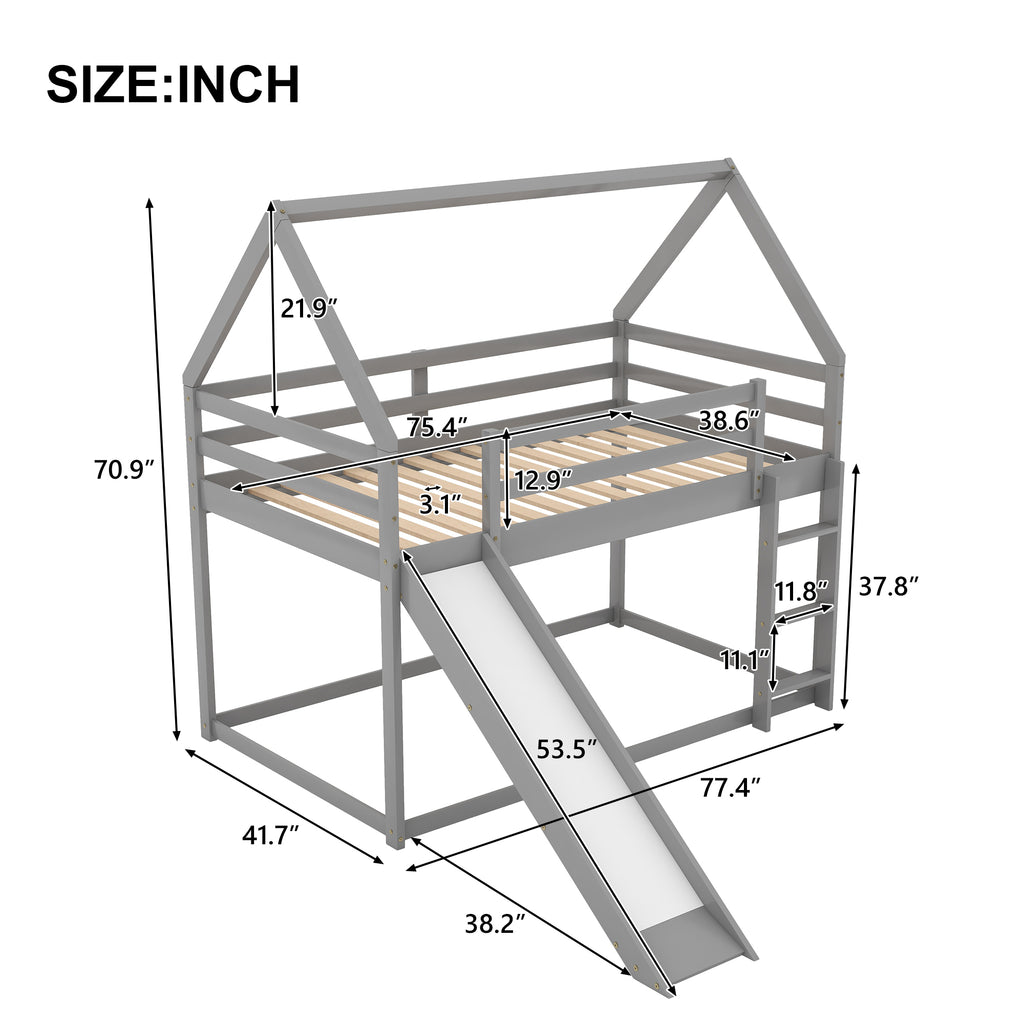 Gray House-Shape Twin Over Twin Bunk Bed with Slide and Ladder, Pine Wood and MDF, 77.4''L x 41.7''W x 70.9''H - Grand Goldman Shop