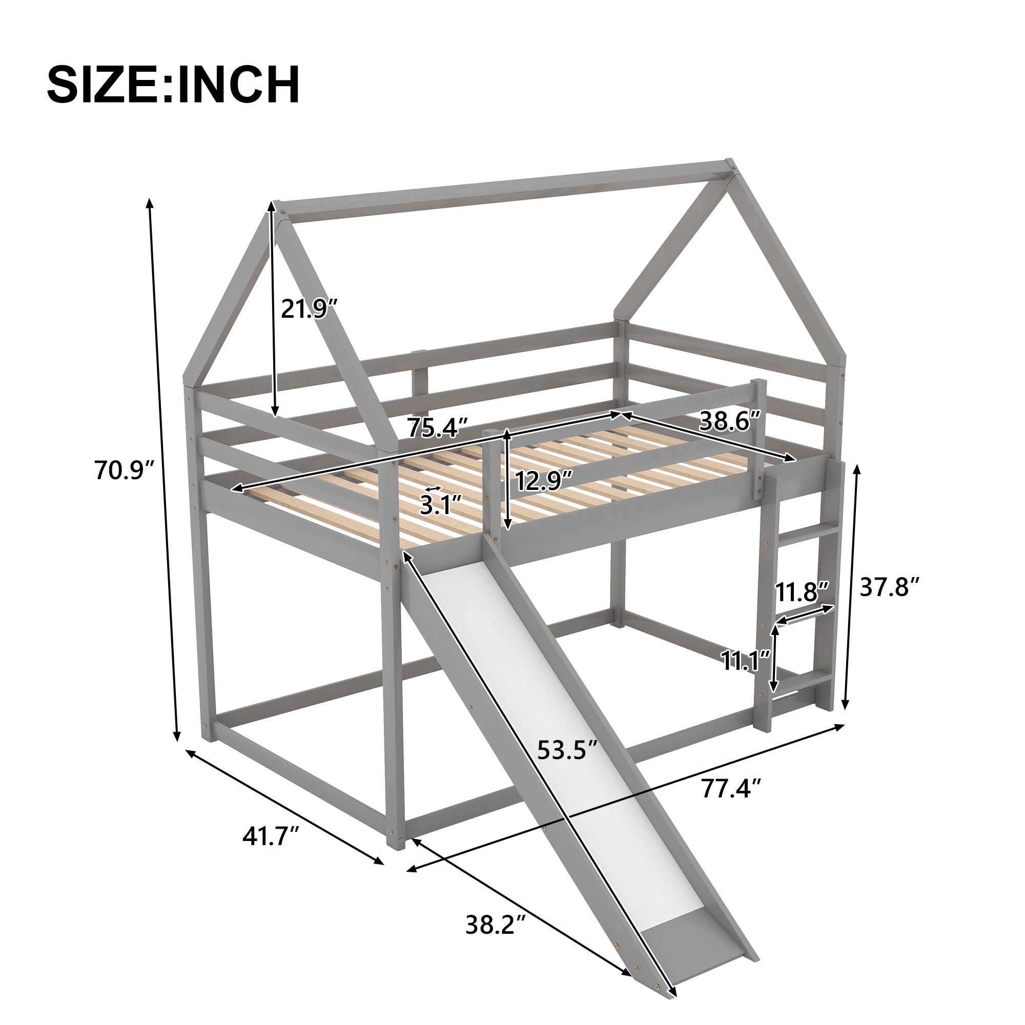 Gray House-Shape Twin Over Twin Bunk Bed with Slide and Ladder, Pine Wood and MDF, 77.4''L x 41.7''W x 70.9''H - Grand Goldman Shop