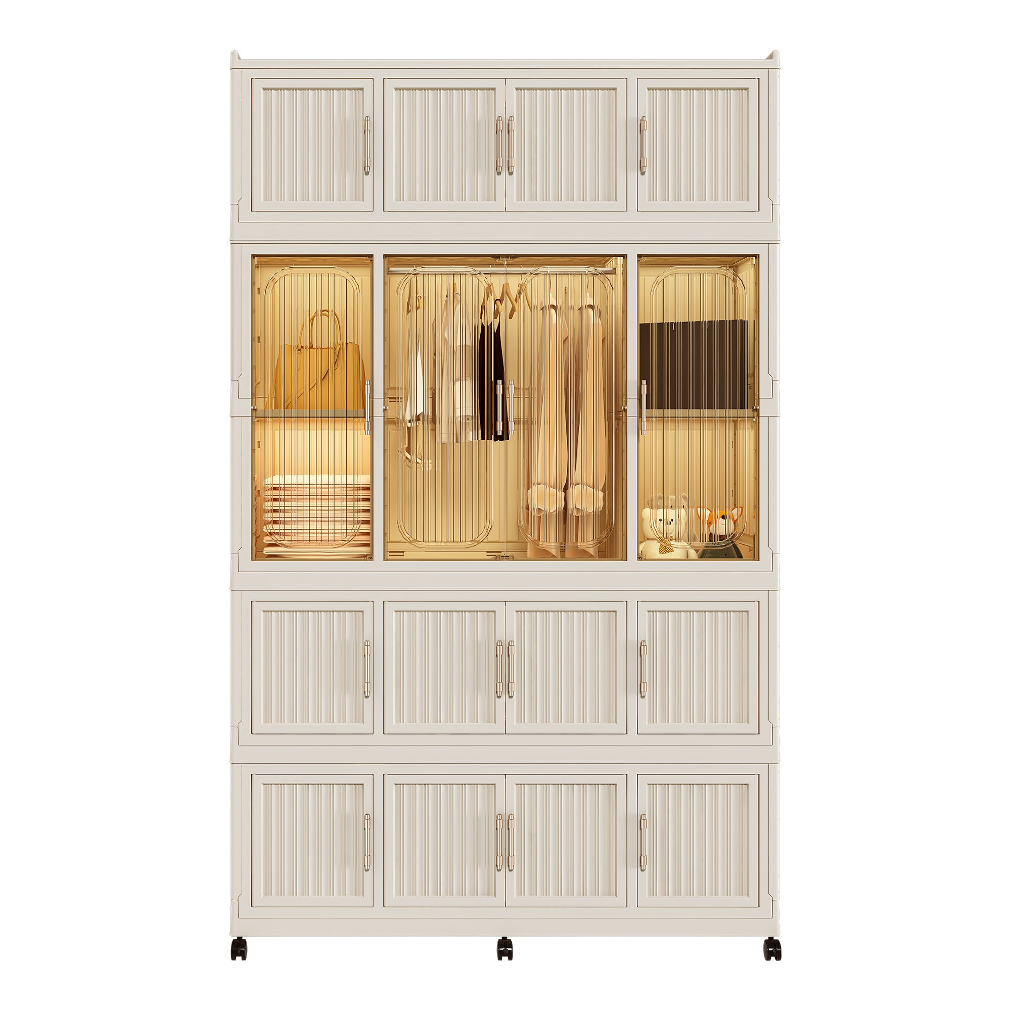 Portable Wardrobe Closet Storage Organizer with 17 Magnetic Doors, 17 Cubes, Hanging Rod & 6 Hangers, Creamy White Polypropylene Closet for Clothes, Baby Items, and Household Storage - Grand Goldman Shop