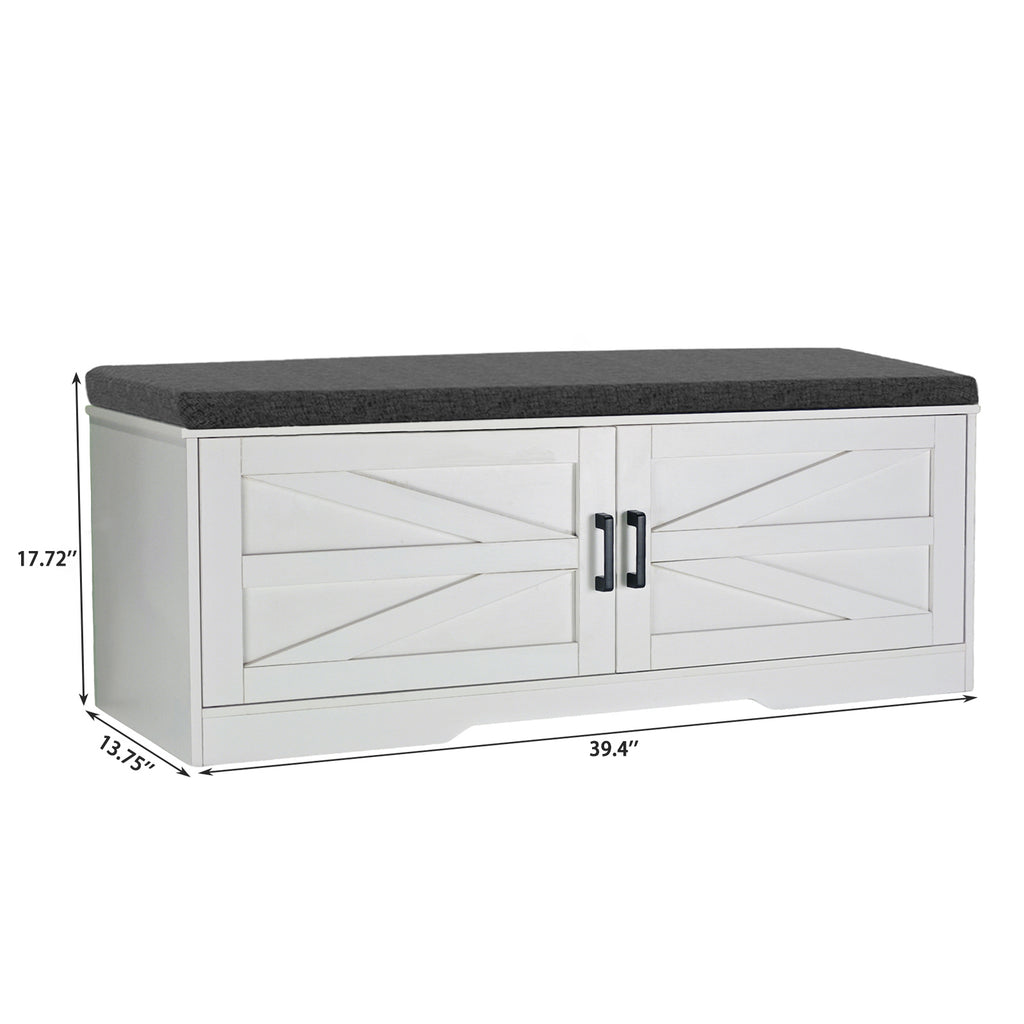 2 Tier Shoe Bench with Padded Seat, 2 Barn Doors and Adjustable Shelves, for Entryway and Living Room, White MDF - Grand Goldman Shop