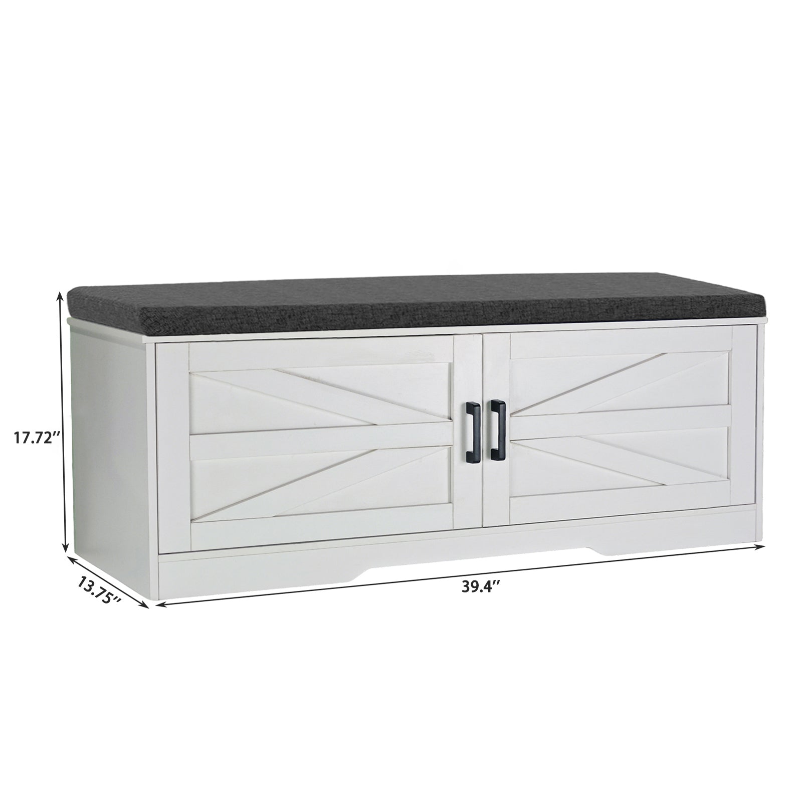 2 Tier Shoe Bench with Padded Seat, 2 Barn Doors and Adjustable Shelves, for Entryway and Living Room, White MDF - Grand Goldman Shop