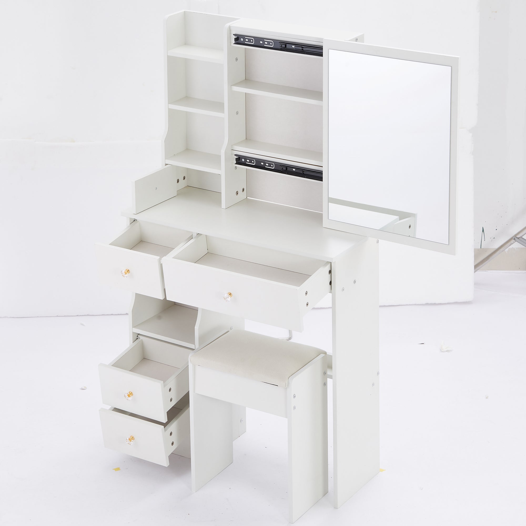 29.2' Small Space Left Drawer Desktop Vanity Table + Cushioned Stool, Extra Large Right sliding mirror, Multi Layer High Capacity Storage, Practical Fashionable Dresser, Suitable For Small Space - Grand Goldman Shop