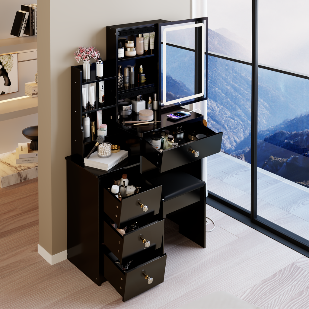29.2' Small Size Bedside Cabinet Vanity Table + Cushioned Stool, 2 AC+2 USB Power Station, Hair dryer bracket, Extra Large Touch Control Sliding LED Mirror, 3-color Switching, EPA, GCC, UL Certificate - Grand Goldman Shop