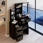 29.2' Small Size Left Bedside Cabinet Vanity Table + Cushioned Stool, 2 AC+2 USB Power Station, Hair dryer bracket, Extra Large Touch Control Sliding LED Mirror, Tri-color Switching, Brightness Adjust - Grand Goldman Shop