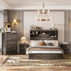 4PCS Bedroom Sets, Wooden Queen Size Bed Frame with Storage Headboard and Charging Station, 2 Nightstands with 2 Drawers, 1 Dresser with 5 Drawers, Antique Gray - Grand Goldman Shop