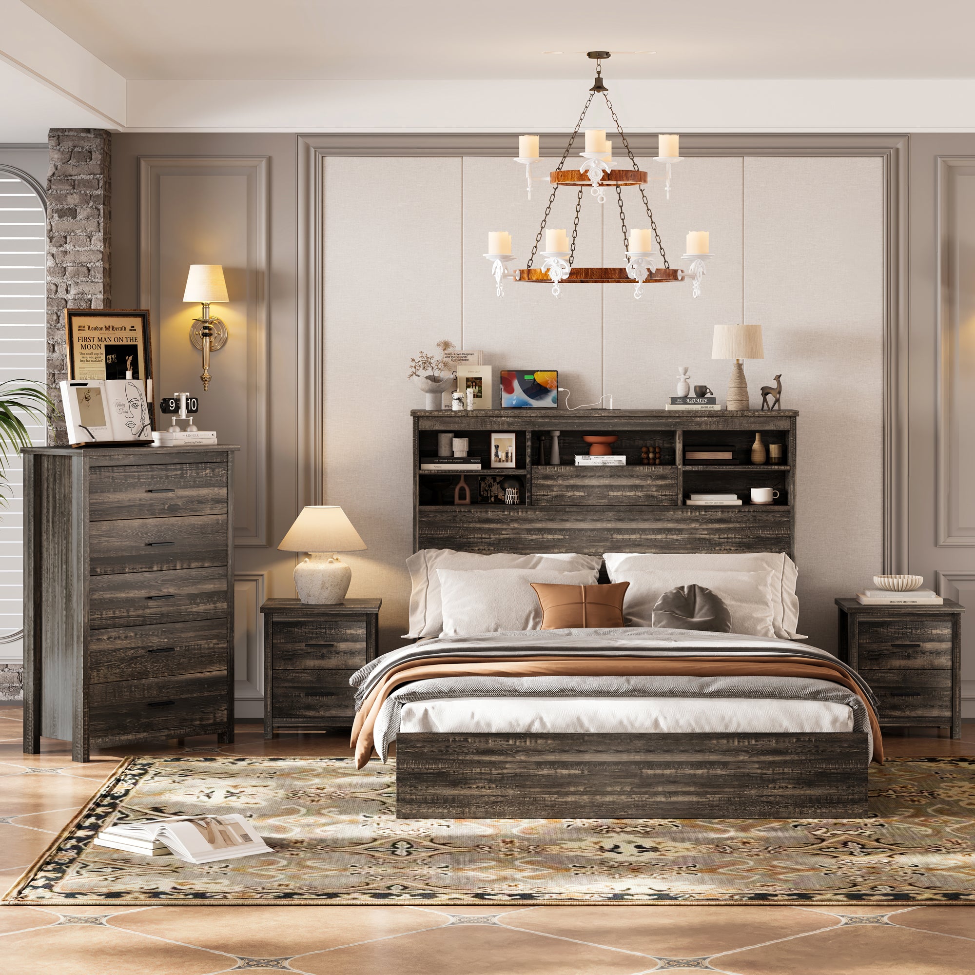 4PCS Bedroom Sets, Wooden Queen Size Bed Frame with Storage Headboard and Charging Station, 2 Nightstands with 2 Drawers, 1 Dresser with 5 Drawers, Antique Gray - Grand Goldman Shop