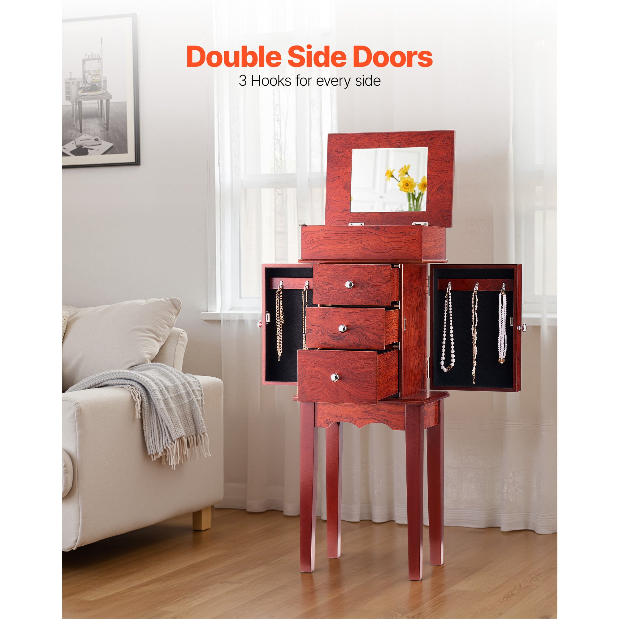 Jewelry Cabinet Armoire Standing Jewelry Storage Chest with 3 Drawers & Mirror - Grand Goldman Shop