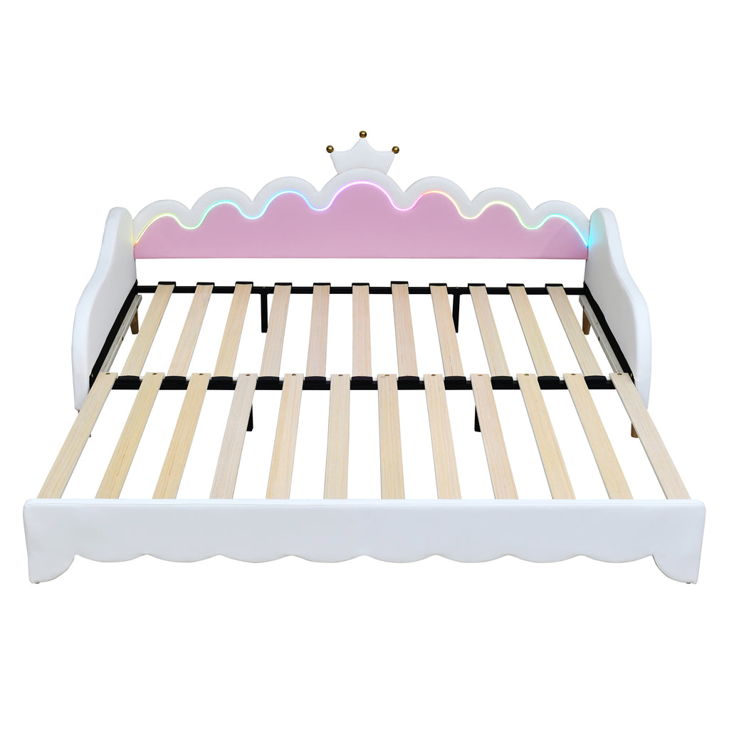 Twin Extending Daybed with LED Lights, Modern Upholstered Princess Daybed With Crown Headboard,White - Grand Goldman Shop
