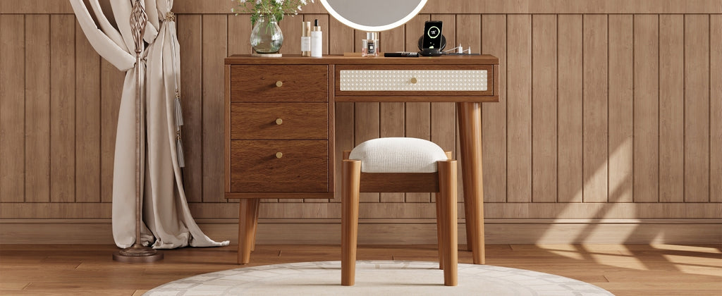 39' Retro Bohemian Style Wooden Makeup Vanity Set with Charging Plug&USB Port and Stool, Dressing Table with 3 Storage Drawers and 1 Rectangular Rattan Drawer, Walnut - Grand Goldman Shop