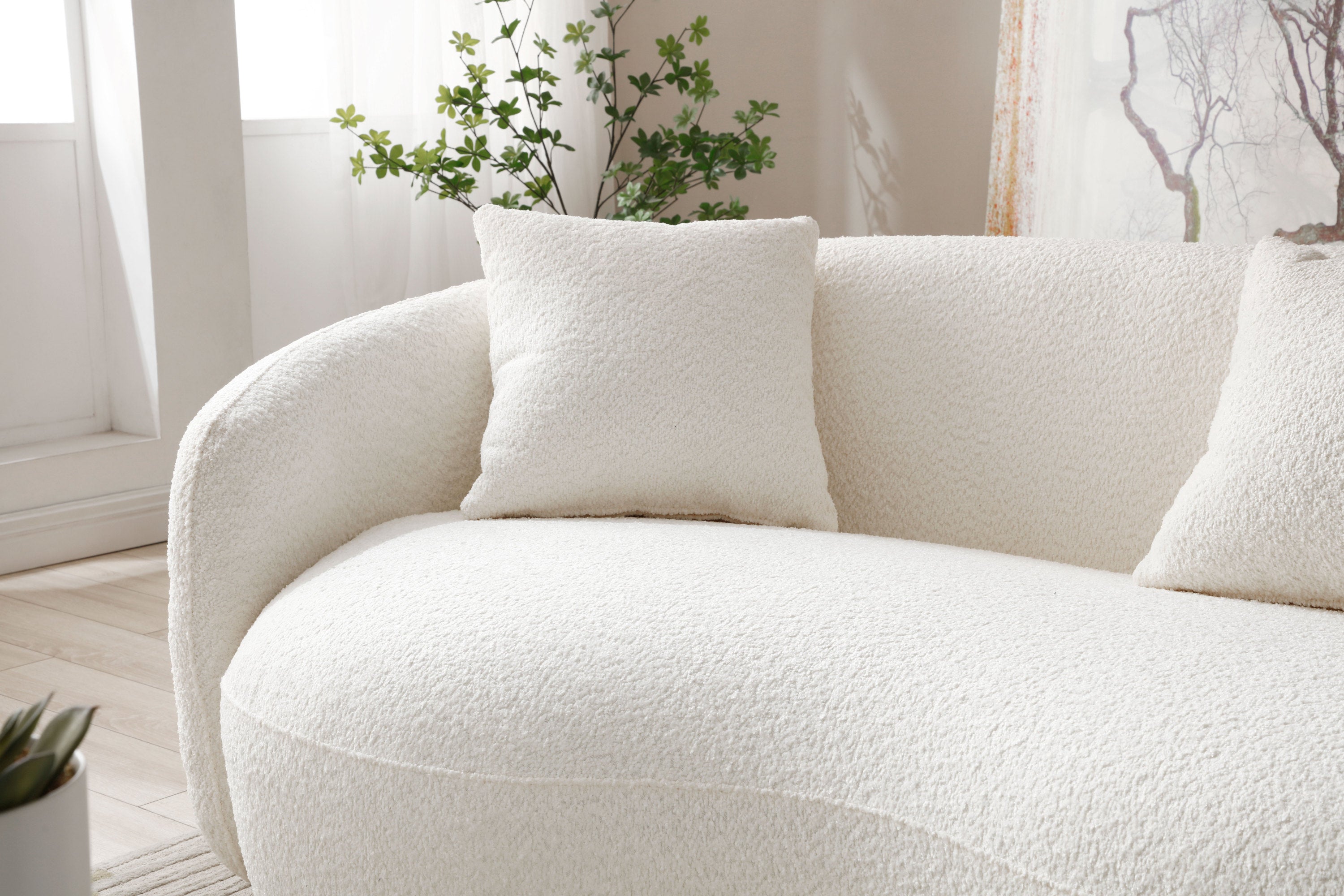 Mid Century Modern Curved Living Room Sofa, 4-Seat Boucle Fabric Couch for Bedroom, Office, Apartment, off white(beige and white) - Grand Goldman Shop