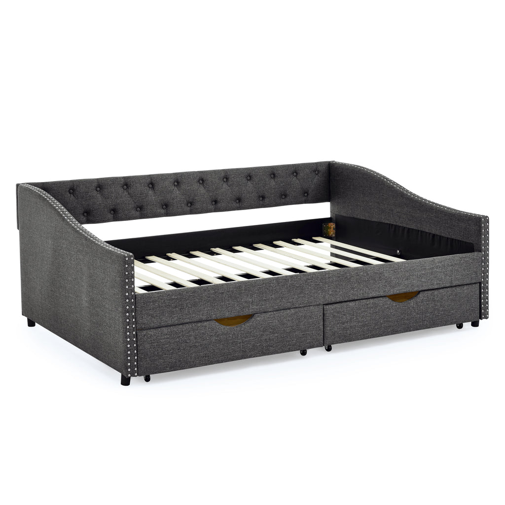 Mid-Century Style Upholstered Daybed with Drawers, Dark Grey Linen Fabric, Button Tufted Back, Copper Nail Trimmed Waved Arms, 80.5''x55.5''x27.5'' - Grand Goldman Shop