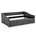 Mid-Century Style Upholstered Daybed with Drawers, Dark Grey Linen Fabric, Button Tufted Back, Copper Nail Trimmed Waved Arms, 80.5''x55.5''x27.5'' - Grand Goldman Shop