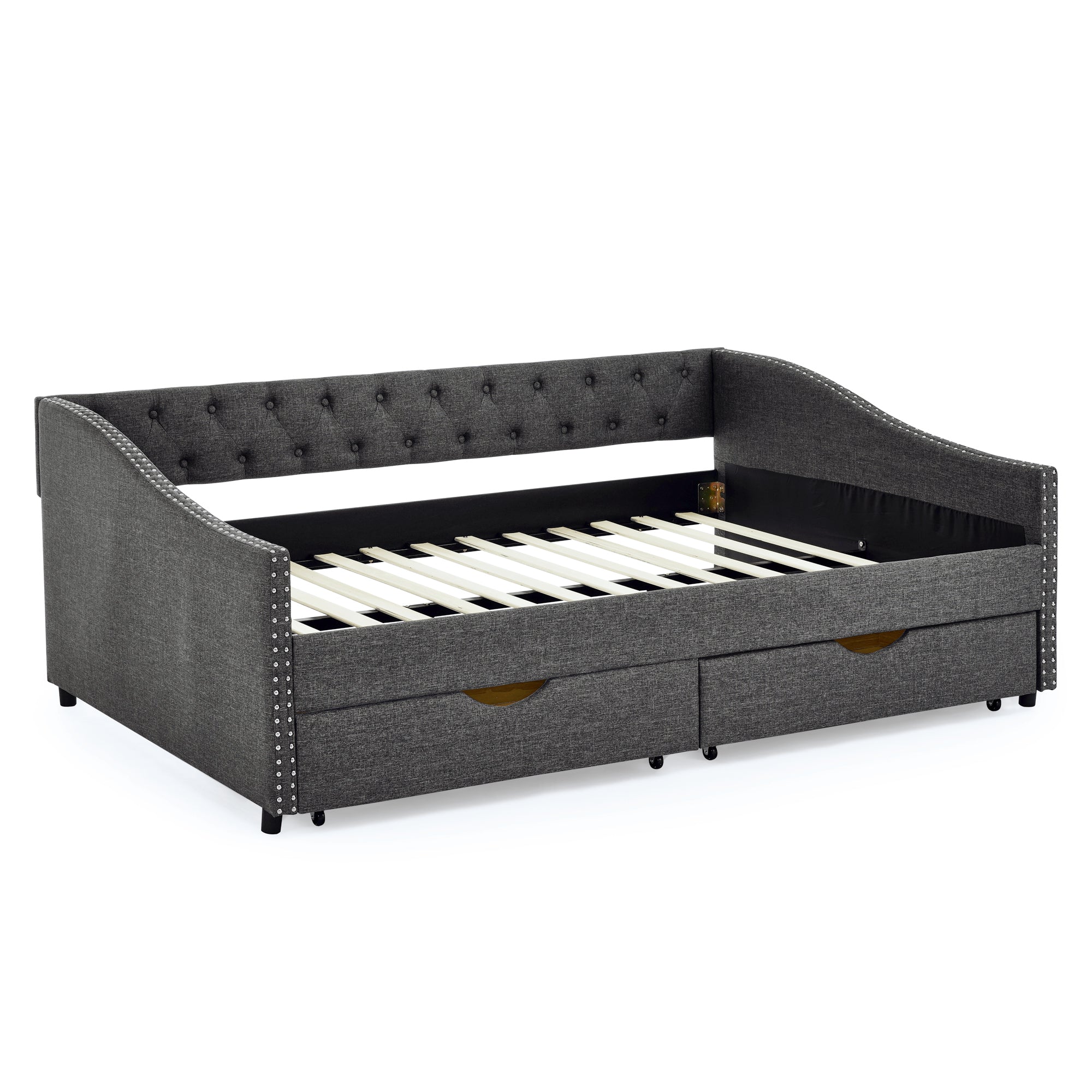Mid-Century Style Upholstered Daybed with Drawers, Dark Grey Linen Fabric, Button Tufted Back, Copper Nail Trimmed Waved Arms, 80.5''x55.5''x27.5'' - Grand Goldman Shop