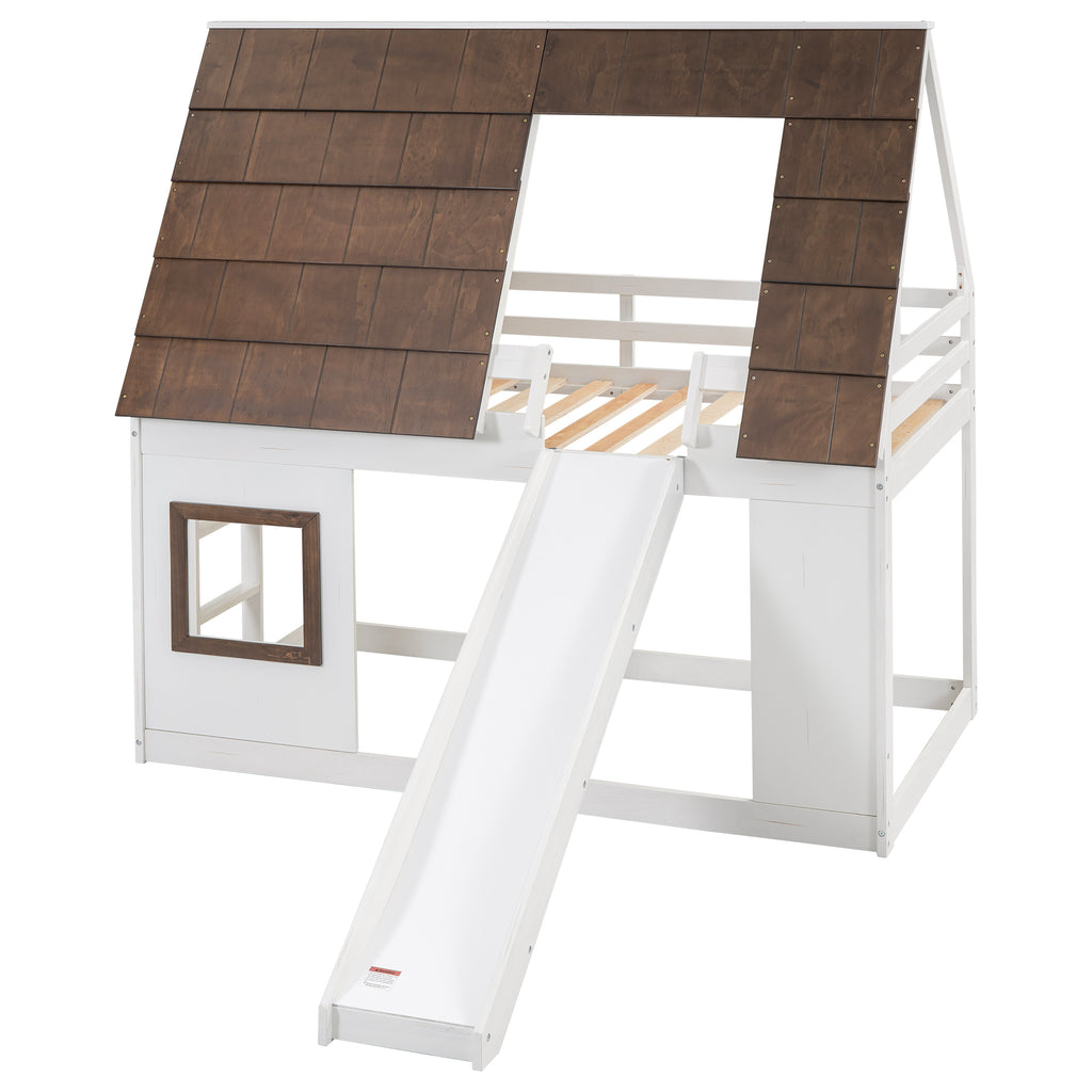 Hearth & Haven Bunk Twin Bed with House Roof, Ladder and Slide, White and Brown - Grand Goldman Shop