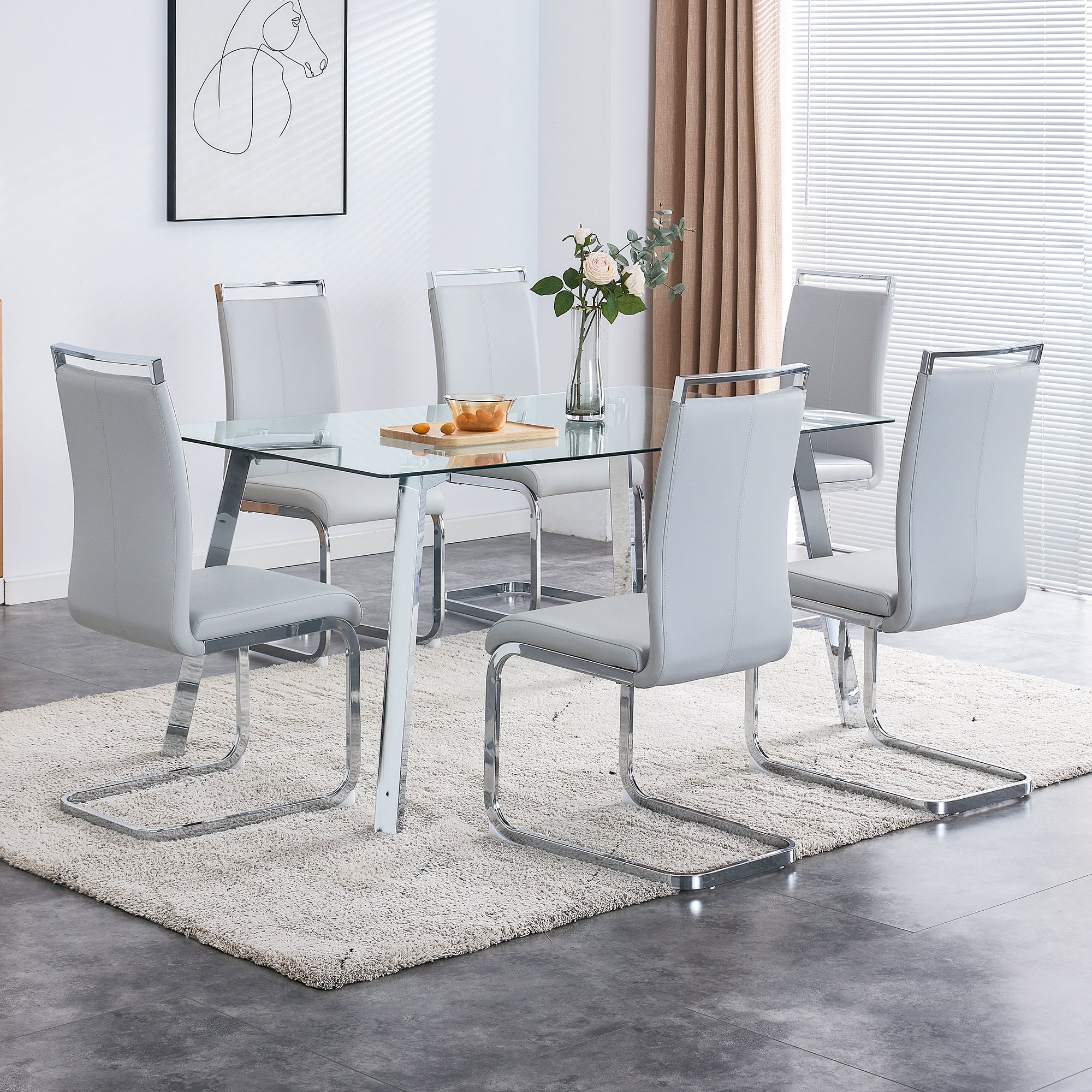 A modern minimalist rectangular glass dining table with tempered glass tabletop and silver metal legs, suitable for kitchens, restaurants, and living rooms,63'*35.4'*30' - Grand Goldman Shop