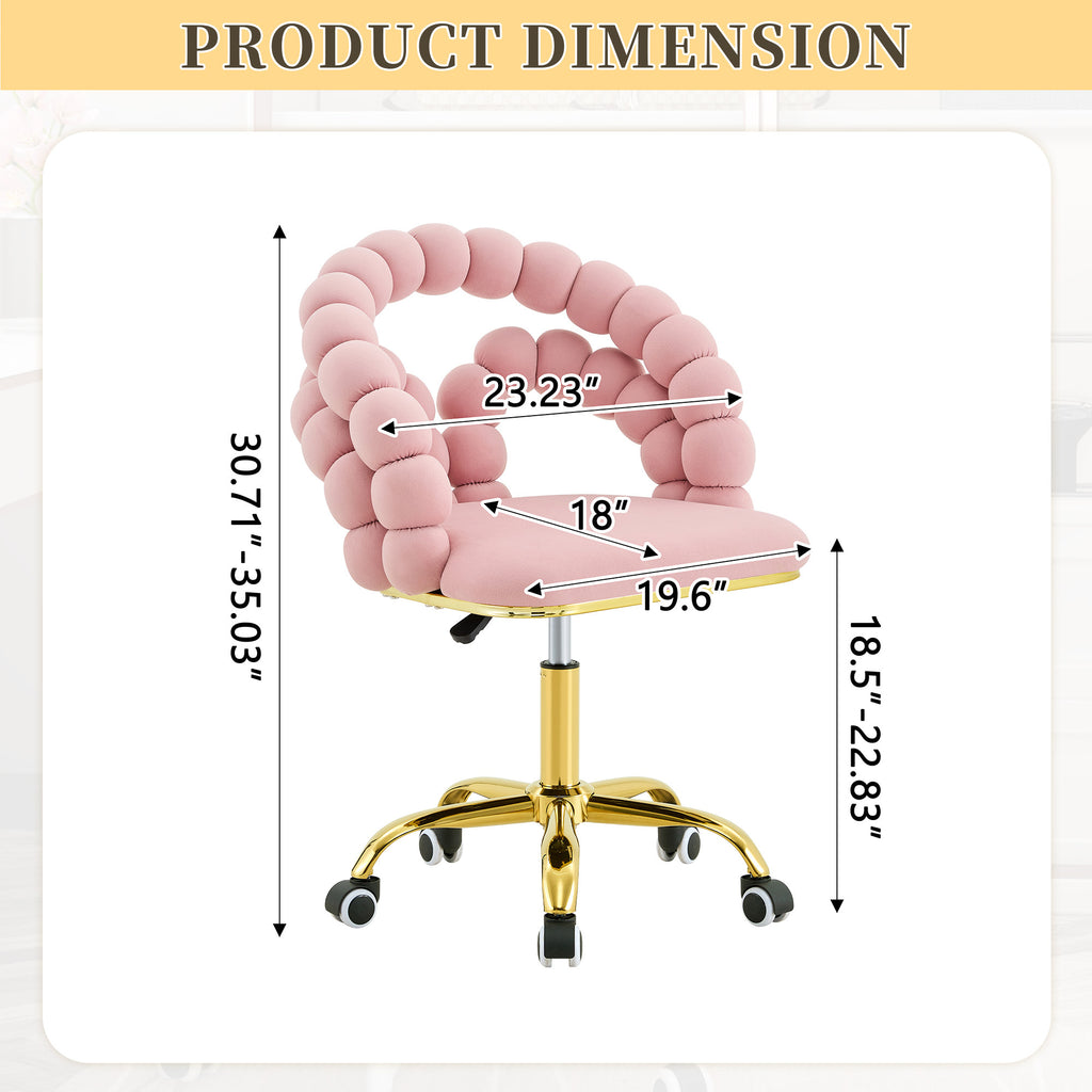 Pink Velvet Bubble Vanity Chair with Gold Base, 360° Swivel Height Adjustable Ergonomic Accent Chair, Cute Rolling Desk Chair