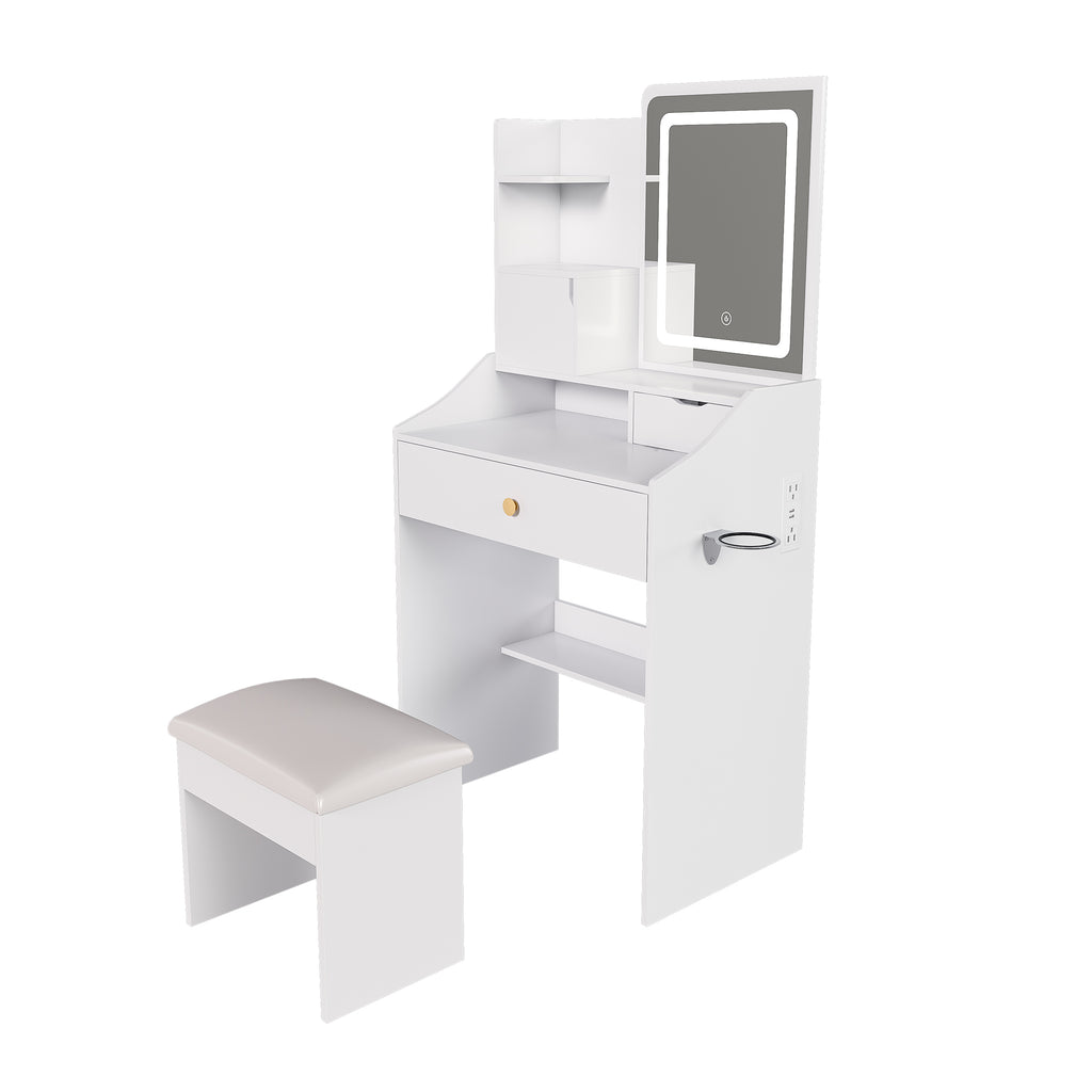 Pink LED Vanity Mirror with Stool, 2 Drawers & 5 Storage Cabinets, Adjustable Lighting, White MDF Dressing Table for Bedroom - Grand Goldman Shop