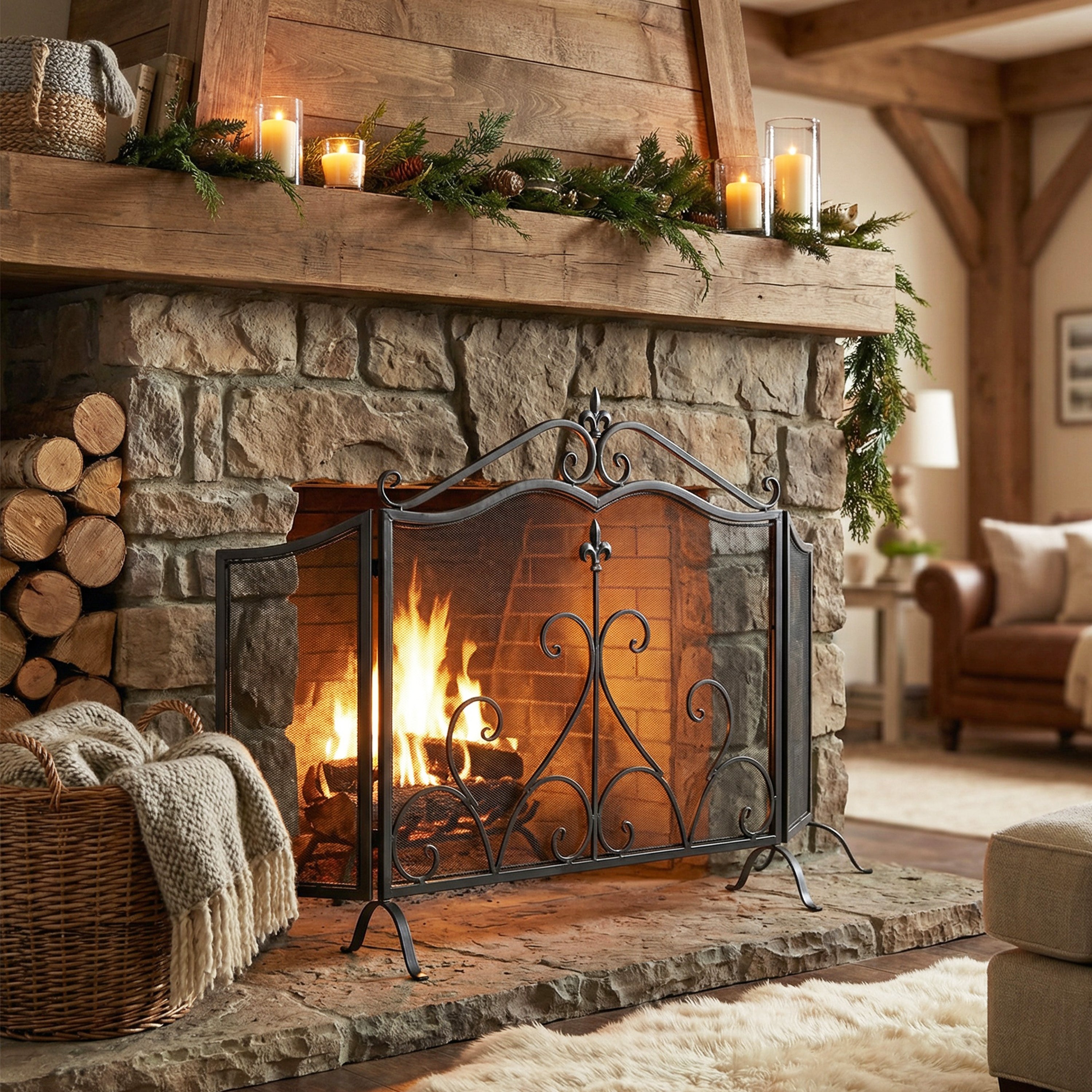 Onyx 3-Panel Iron Fireplace Screen 54' x 31.5', Black Finish - Grand Goldman Shop