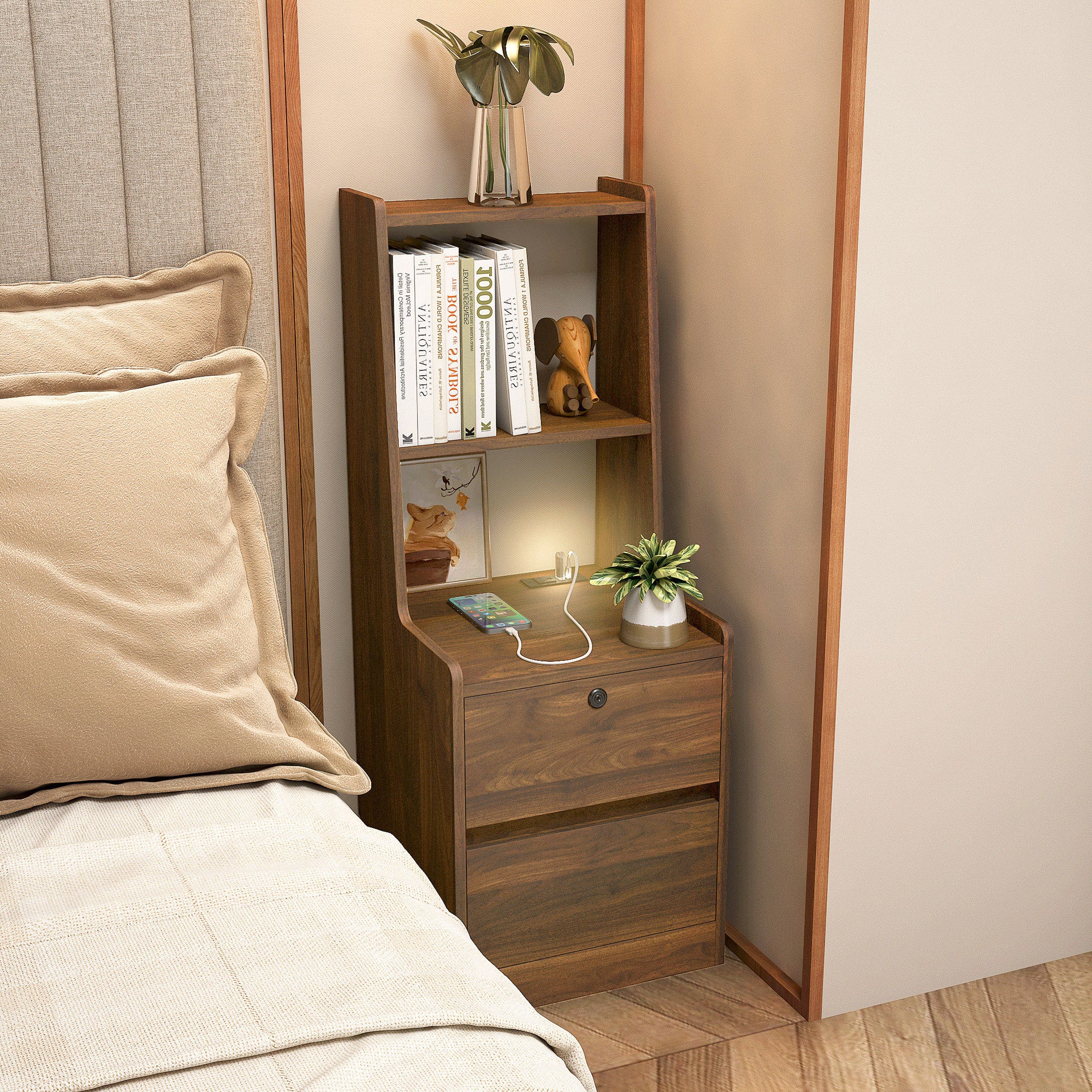 Nightstand with Charging Station, Smart Nightstand with Night Light, Modern Night Stand with Bookshelf, Bedside Tables with Storage Cabinet for Bedroom, Wood - Grand Goldman Shop