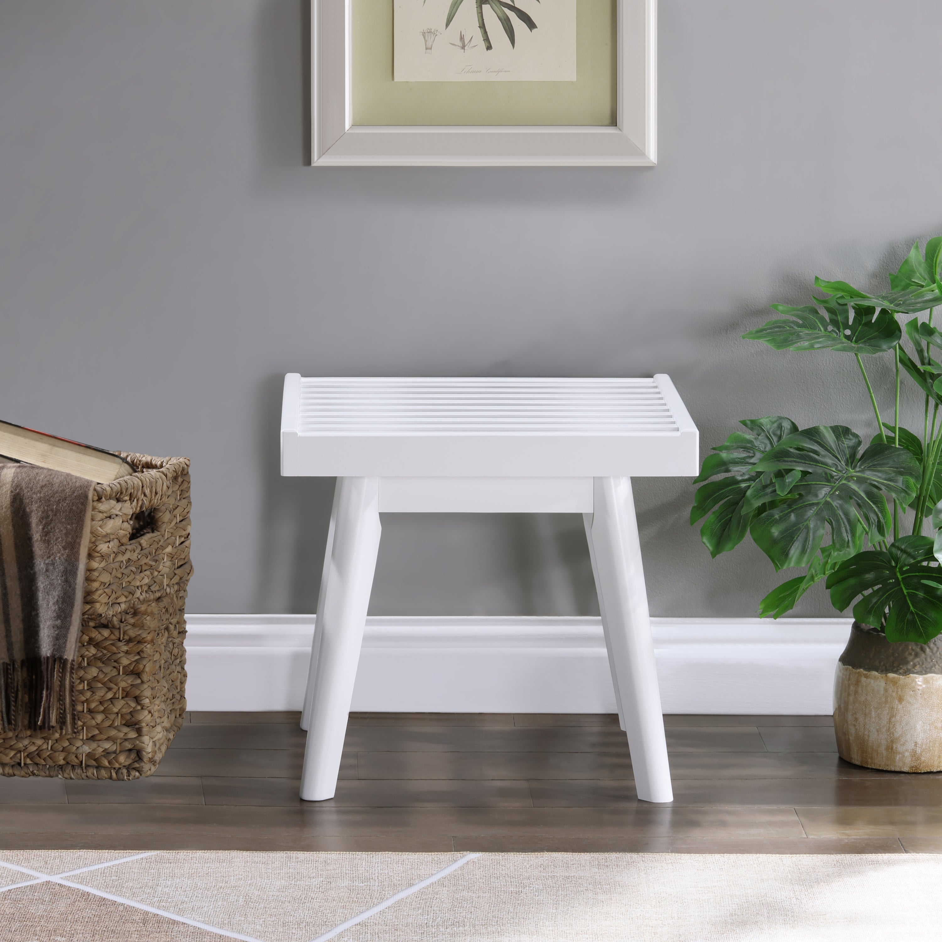 Larwich Solid Wood Slatted Bench, 19-Inch Long, White - Grand Goldman Shop