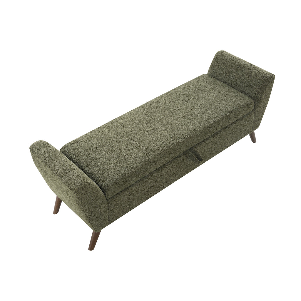 Modern Storage Bench with Mid-Century Wood Legs, 60'' Olive Green Teddy Fabric Upholstered Bench with Storage for Living Room & Bedroom - Grand Goldman Shop
