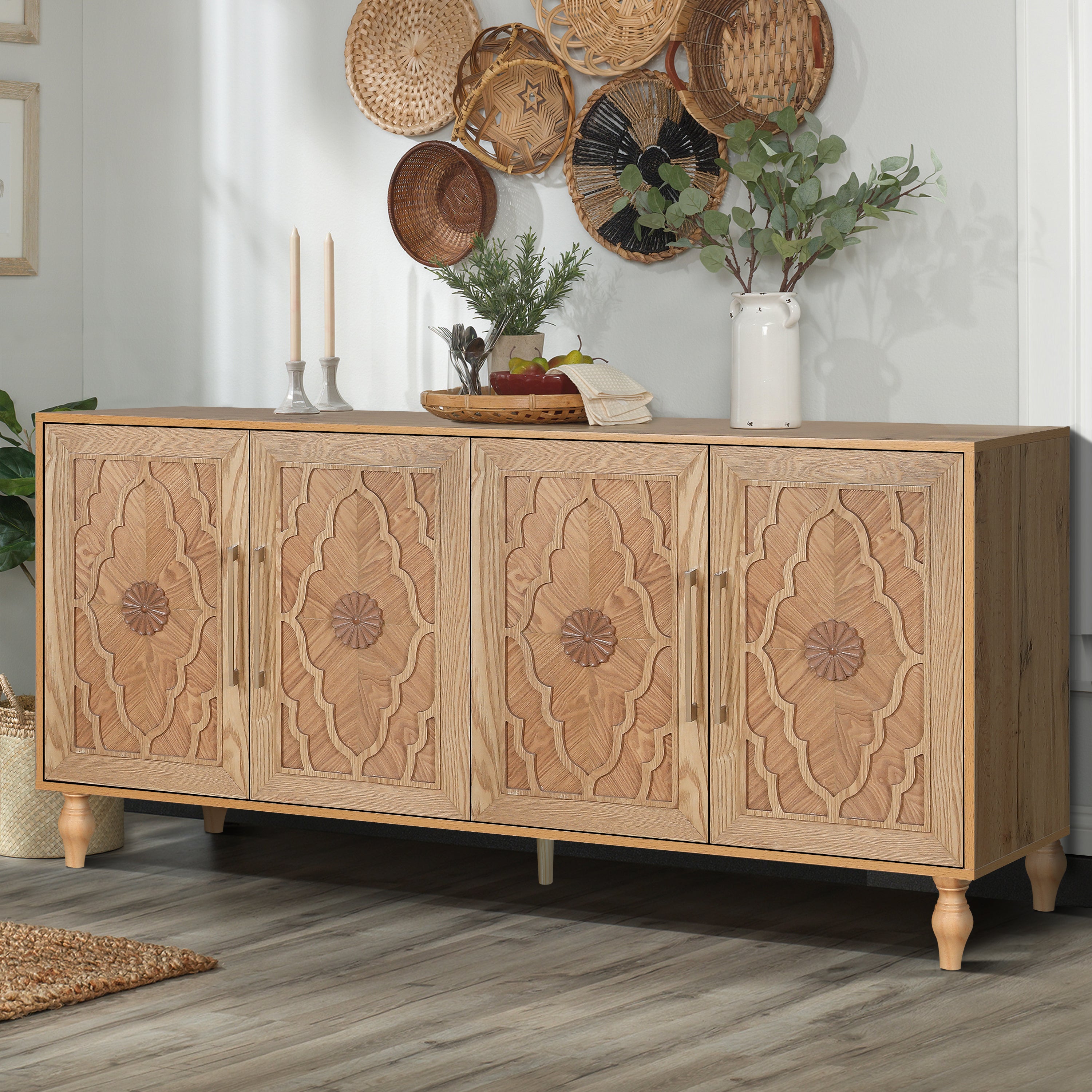 Carved Flower Door Large Storage Cabinet With Metal Handle Suitable For Living Room, Kitchen, Entryway(NATURAL WOOD) - Grand Goldman Shop
