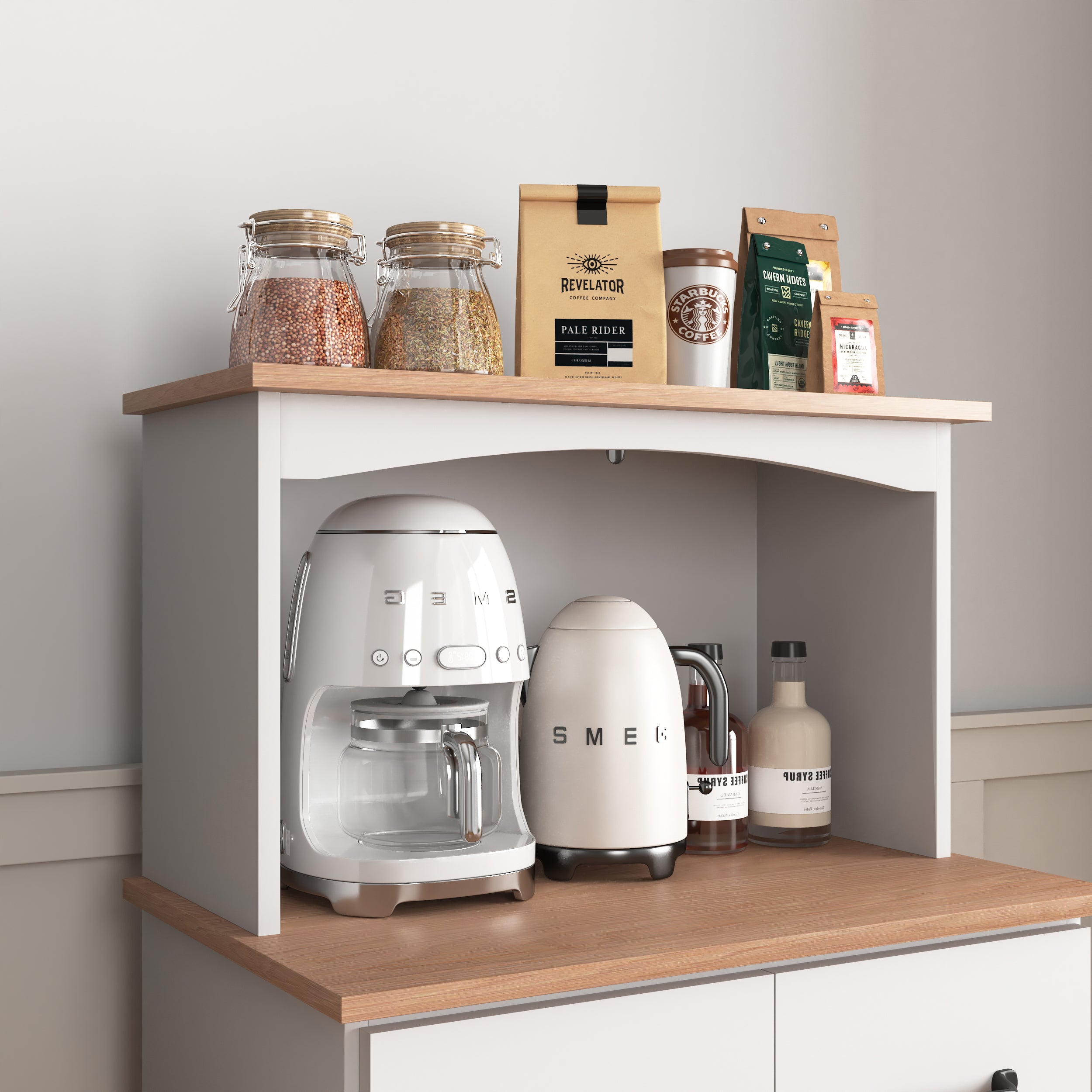 Wooden Kitchen Cabinet White Pantry Storage Microwave Cabinet with Storage Drawer - Grand Goldman Shop
