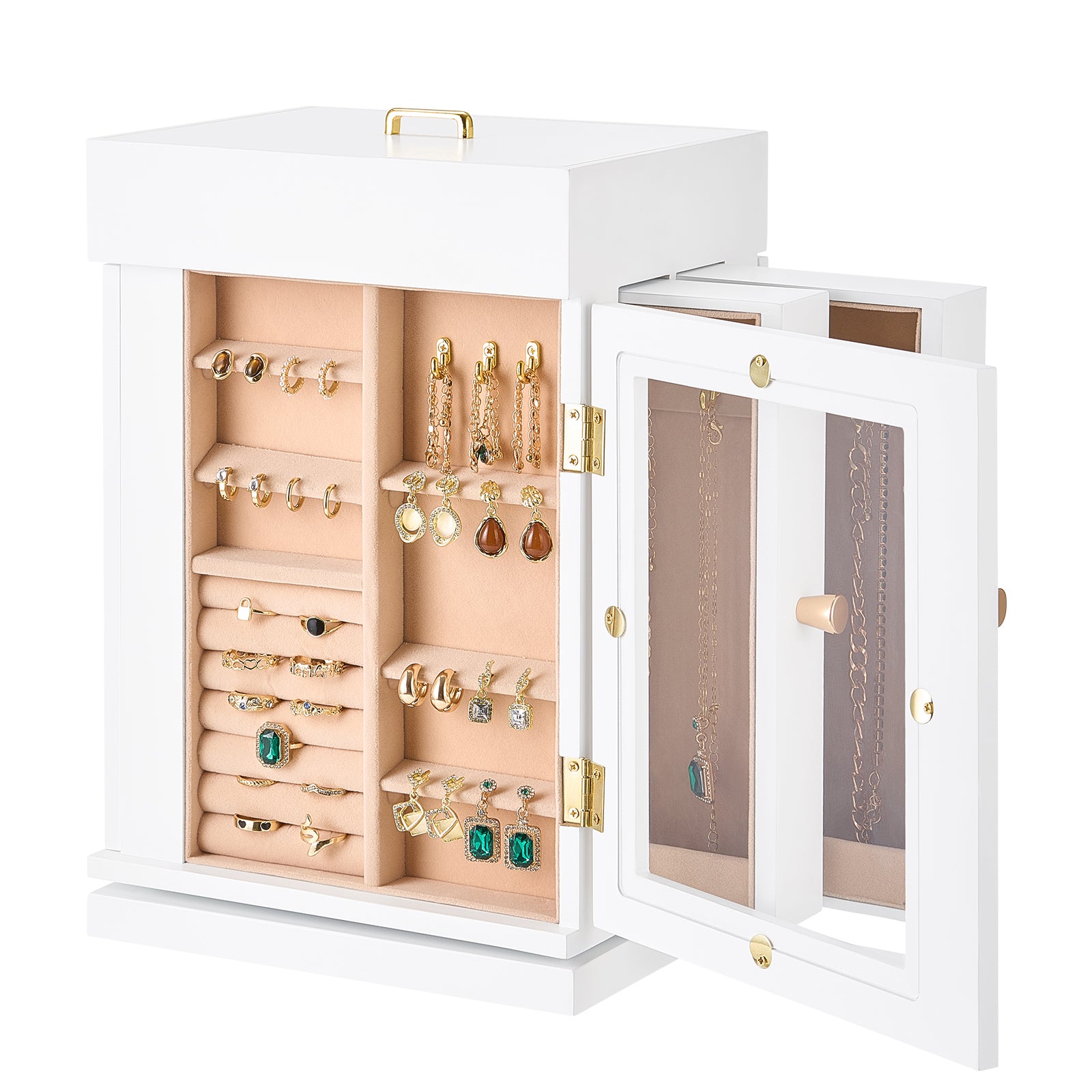 Jewelry Box 360° Rotating Jewelry Organizer with Built-in 4 Necklace Hooks White - Grand Goldman Shop