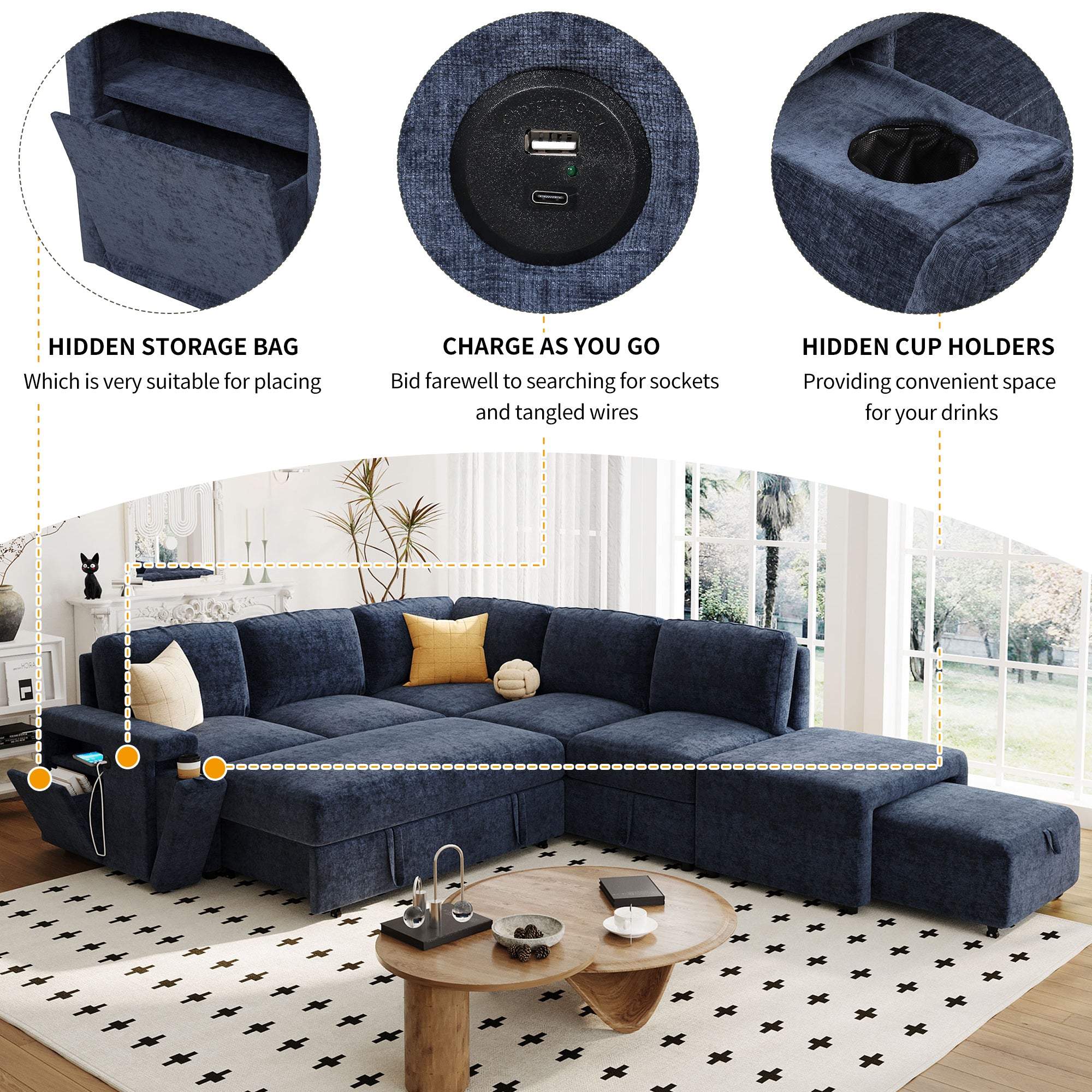 U_STYLE L-shaped Pull-Out Sofa Bed with Storage, USB Ports, and Cup Holders, Modular Design for Living Rooms, Offices & Apartments - Grand Goldman Shop