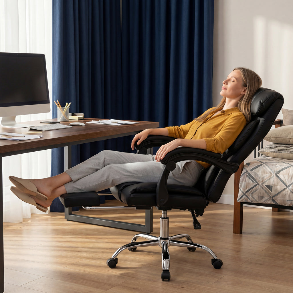 Executive Office Chair with Foot Rest, Adjustable Height High Back Reclining Gaming Chair in Black PU Leather with Metal & Wo