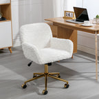 A&A Furniture Artificial Rabbit Hair Office Chair with Golden Metal Base, Adjustable Swivel Vanity Chair, Beige Velvet | Prem