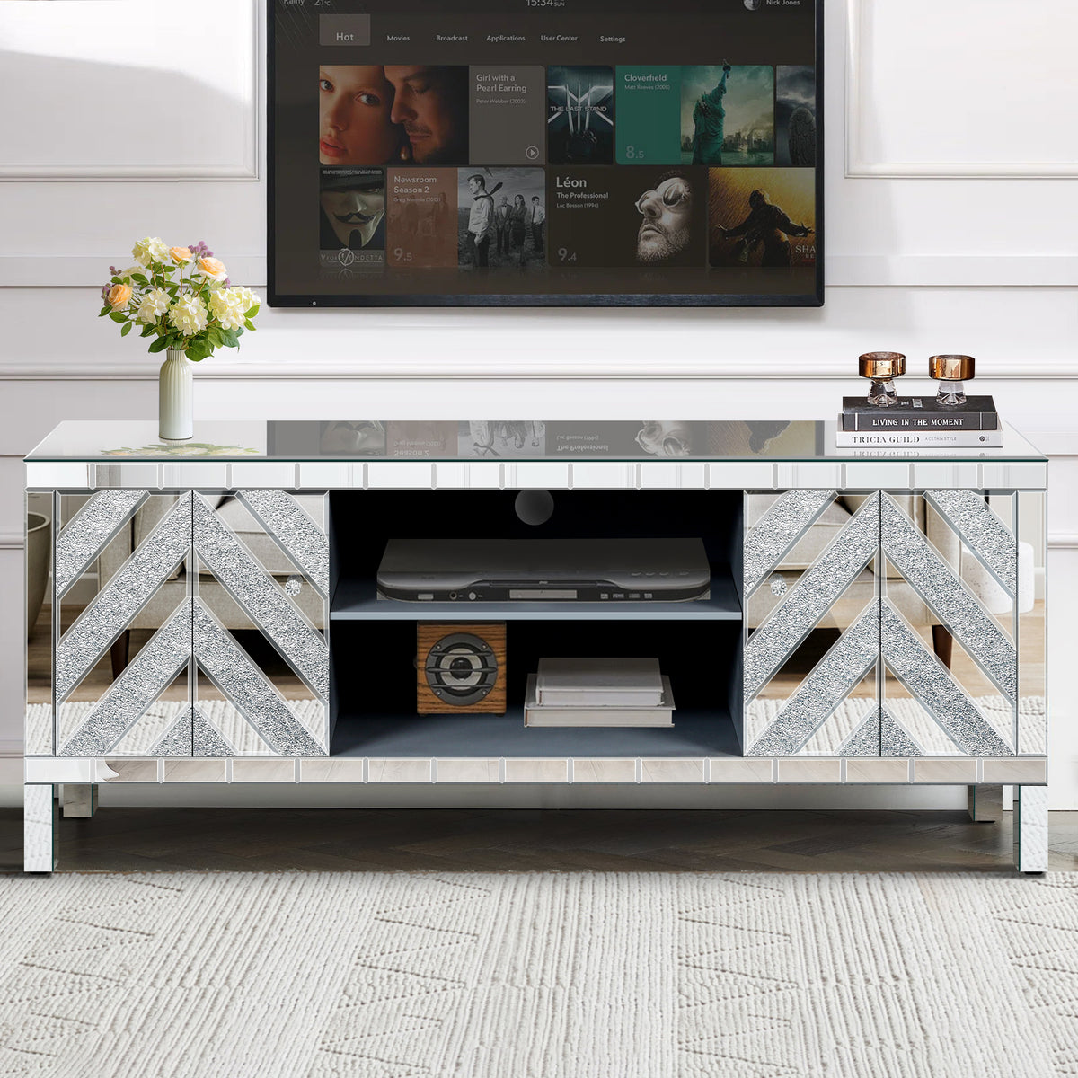 Mirrored TV Stand for 65+ inch TV,Sliver TV Console Table with Open Storage & 2 Storage Cabinets ,M Shape Sparkling Mirror Doors for Living Room(59''W x 25.2''H x 15.7D) - Grand Goldman Shop