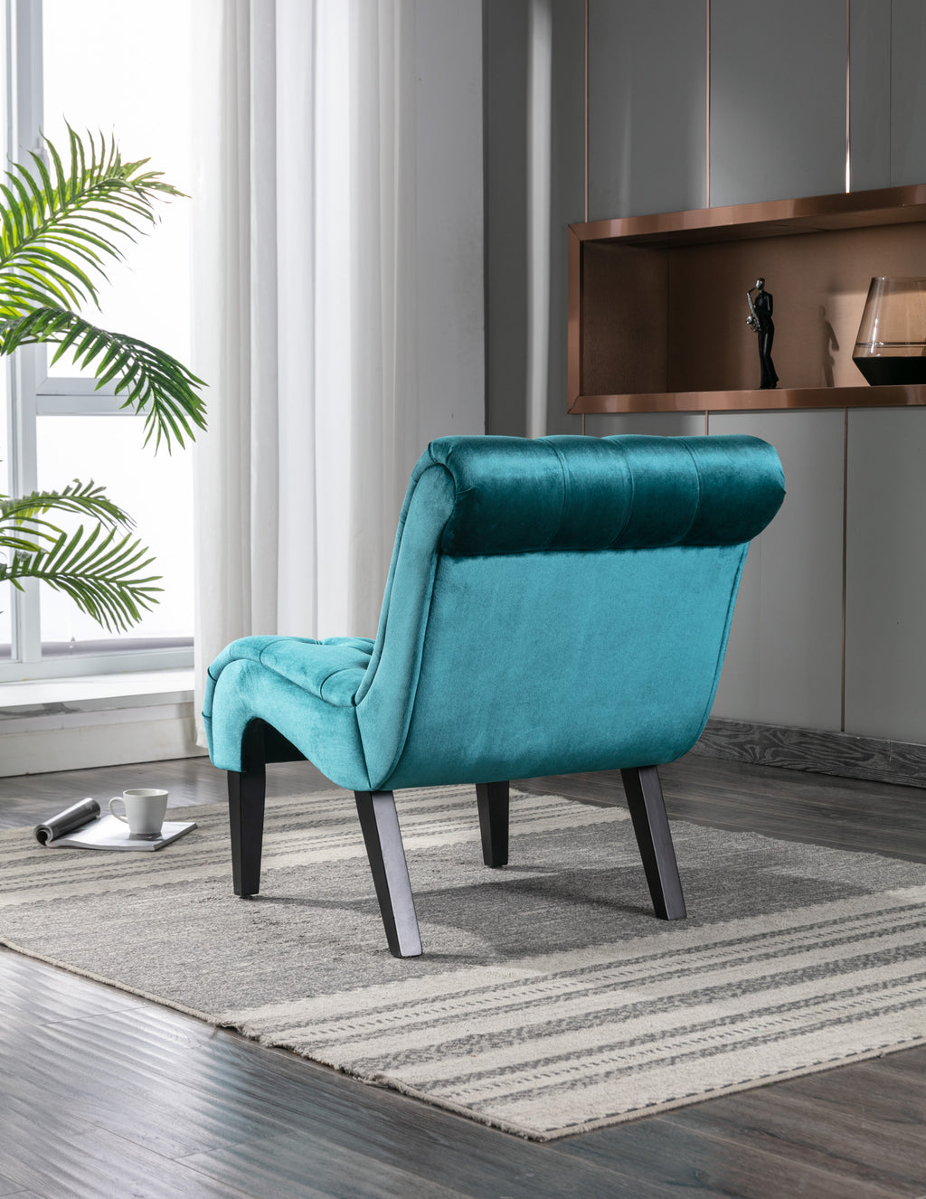 COOLMORE Modern Velvet Armless Accent Living Room Chair / Leisure Chair,Upholstered Fabric Button Comfortable Chair with Wooden Legs for Bedroom, Living Room, Office (Teal Velvet) - Grand Goldman Shop