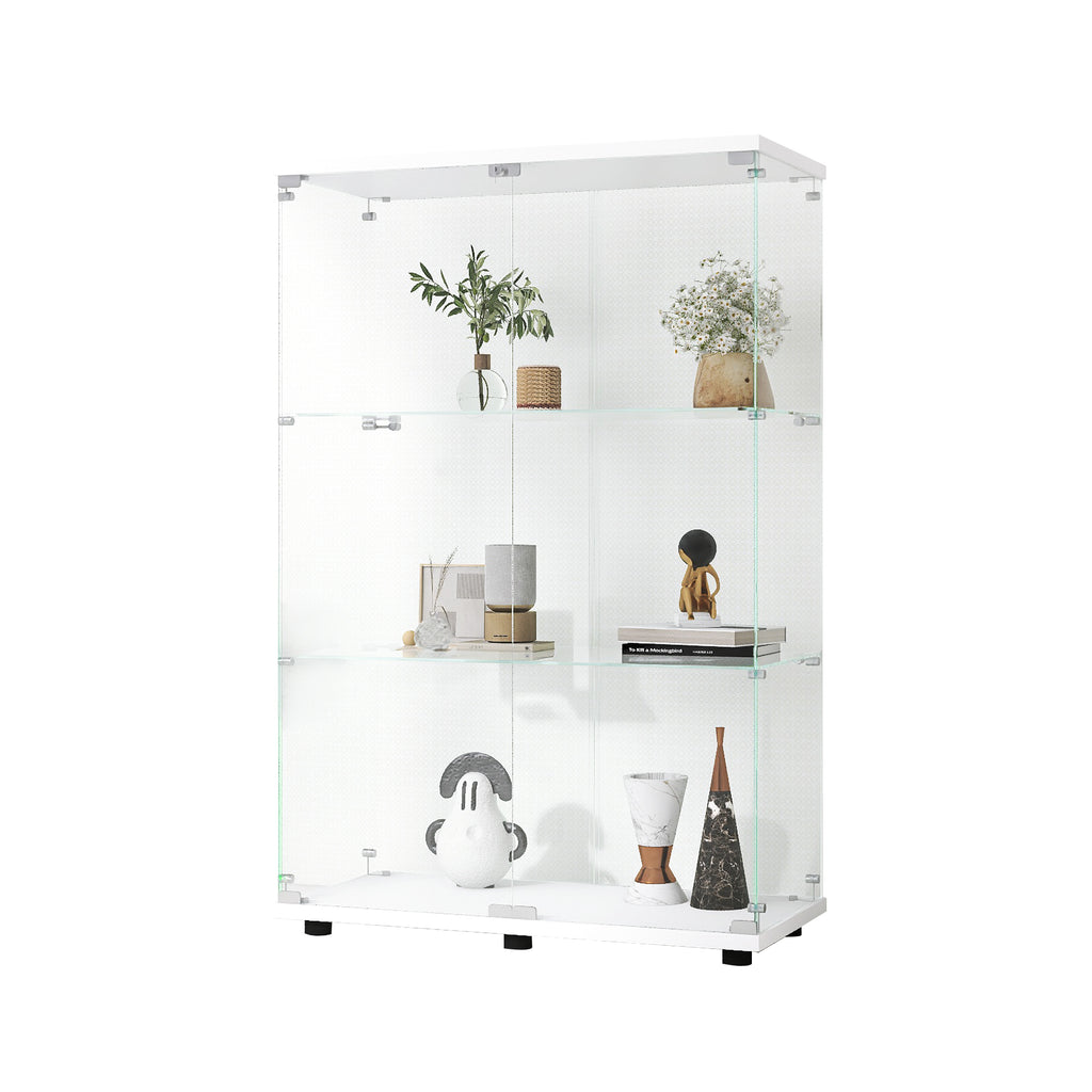 Two-door Glass Display Cabinet 3 Shelves with Door, Floor Standing Curio Bookshelf for Living Room Bedroom Office, 49.3'*31.7