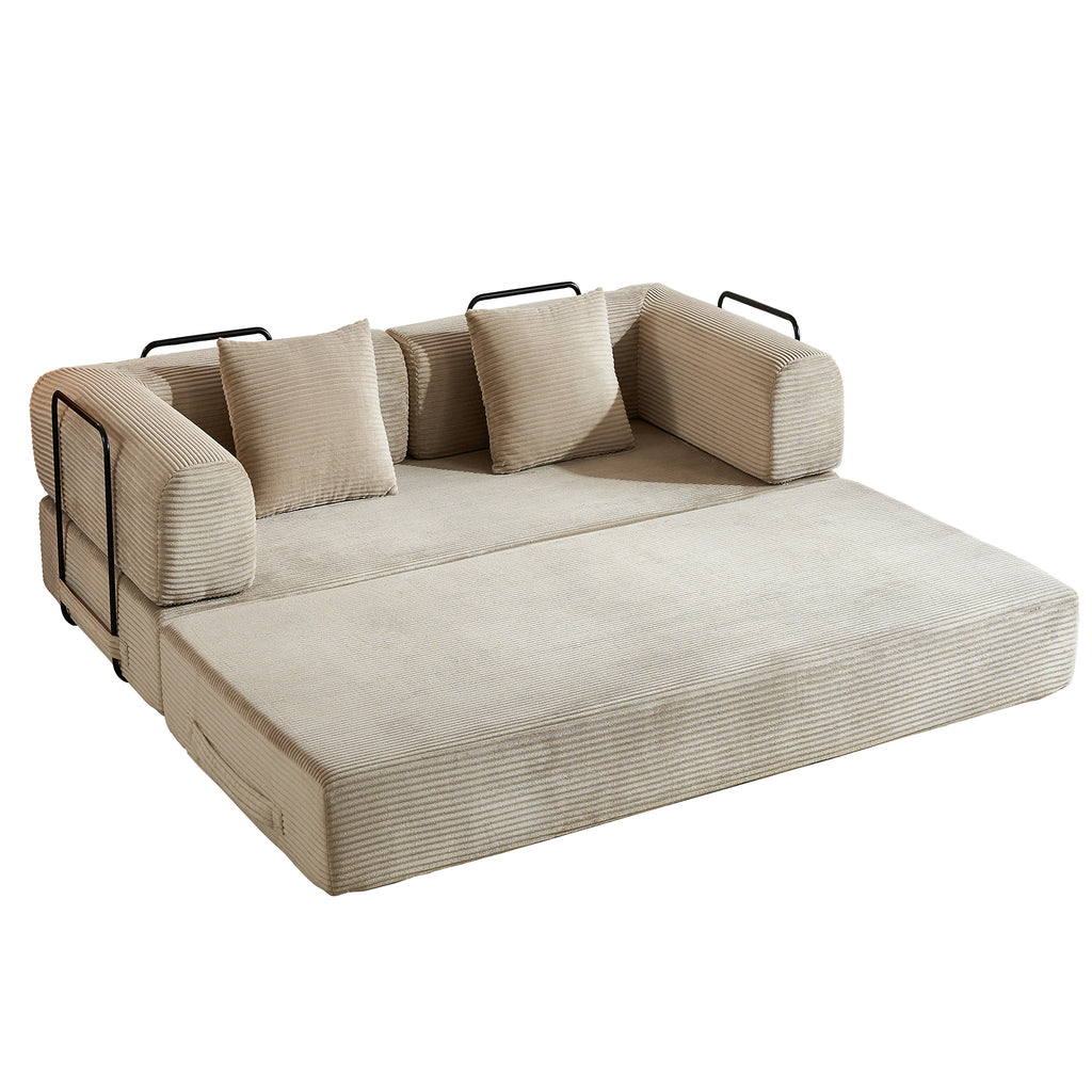Convertible Sleeper Sofa Bed with Cylindrical Pillow, Corduroy Folding Mattress Couch with Fixed-Shape Frame, Floor Sofa Lounge Couch for Living Room Bedroom (Beige) - Grand Goldman Shop
