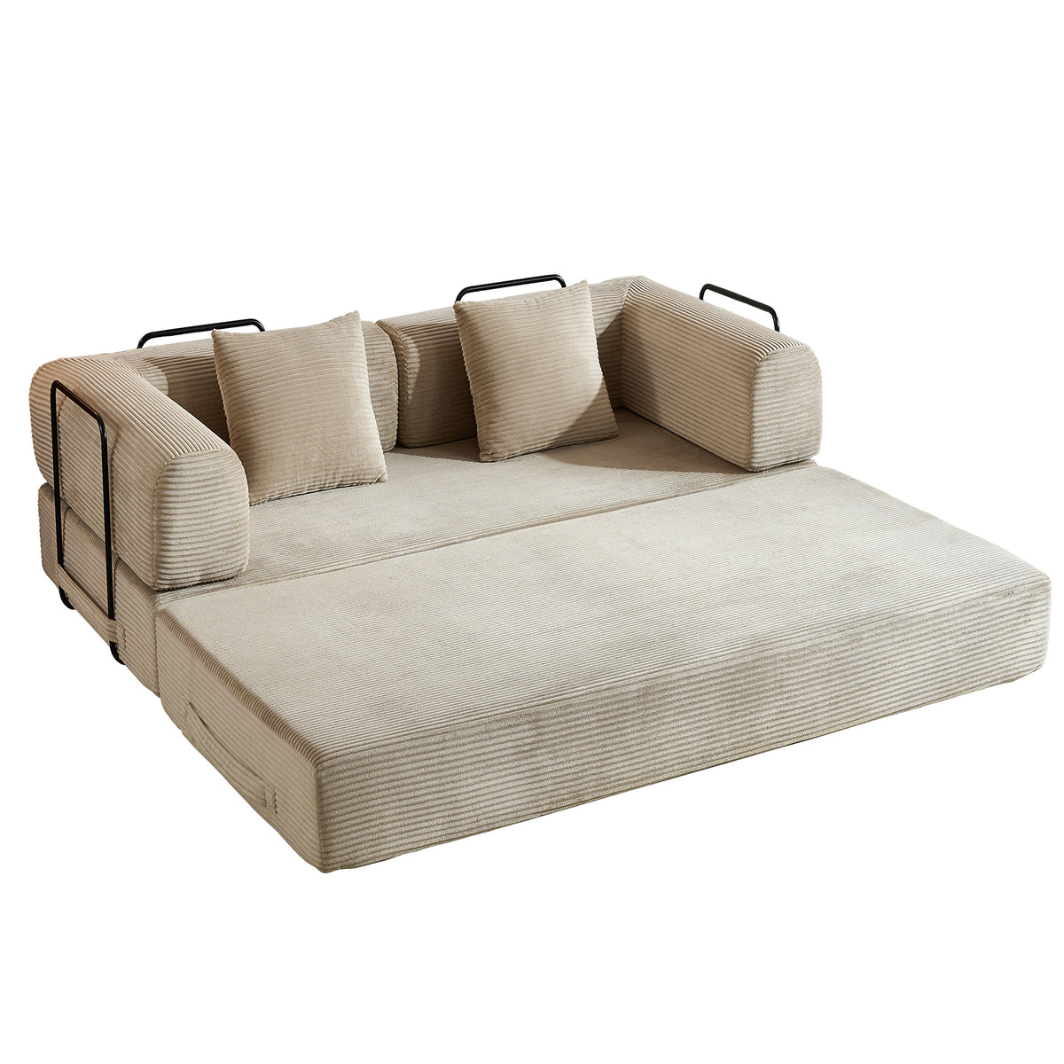 Convertible Sleeper Sofa Bed with Cylindrical Pillow, Corduroy Folding Mattress Couch with Fixed-Shape Frame, Floor Sofa Lounge Couch for Living Room Bedroom (Beige) - Grand Goldman Shop