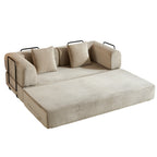 Convertible Sleeper Sofa Bed with Cylindrical Pillow, Corduroy Folding Mattress Couch with Fixed-Shape Frame, Floor Sofa Lounge Couch for Living Room Bedroom (Beige) - Grand Goldman Shop