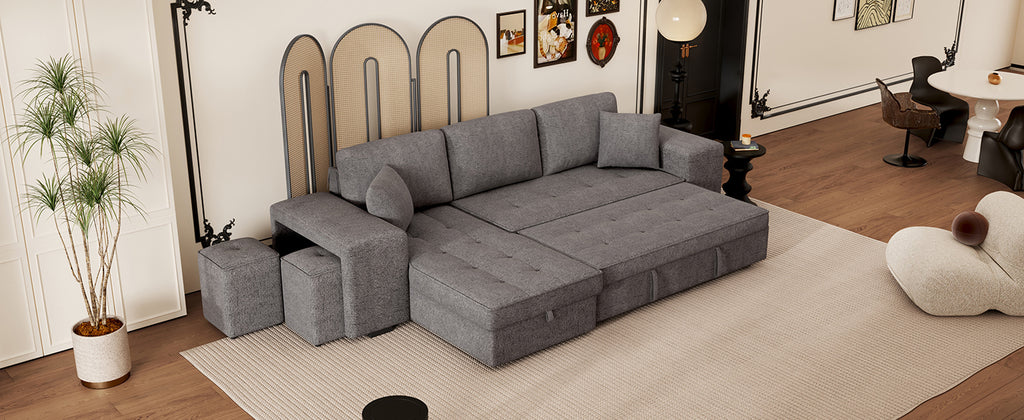 104.5' Modern L-Shape 3 Seat Reversible Sectional Couch, Pull Out Sleeper Sofa with Storage Chaise and 2 Stools for Living Room Furniture Set,Knox Charcoal (old sku:SG000431AAA) - Grand Goldman Shop