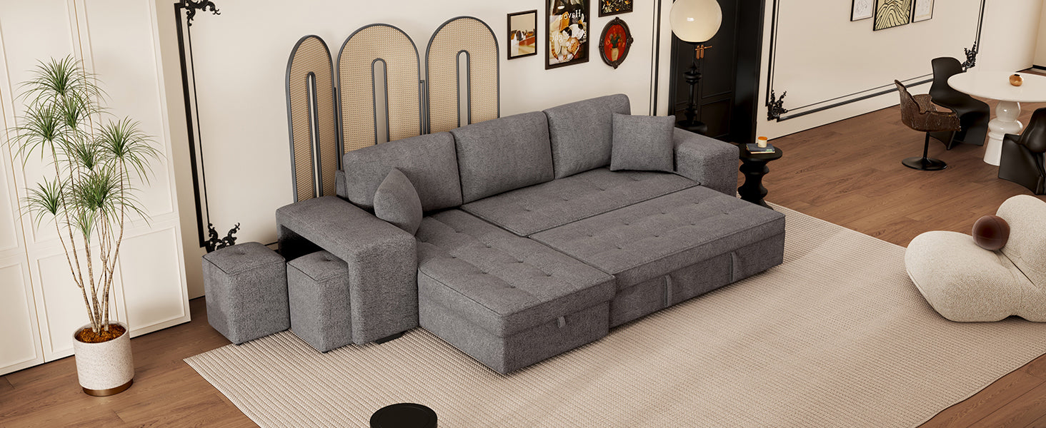 104.5' Modern L-Shape 3 Seat Reversible Sectional Couch, Pull Out Sleeper Sofa with Storage Chaise and 2 Stools for Living Room Furniture Set,Knox Charcoal (old sku:SG000431AAA) - Grand Goldman Shop
