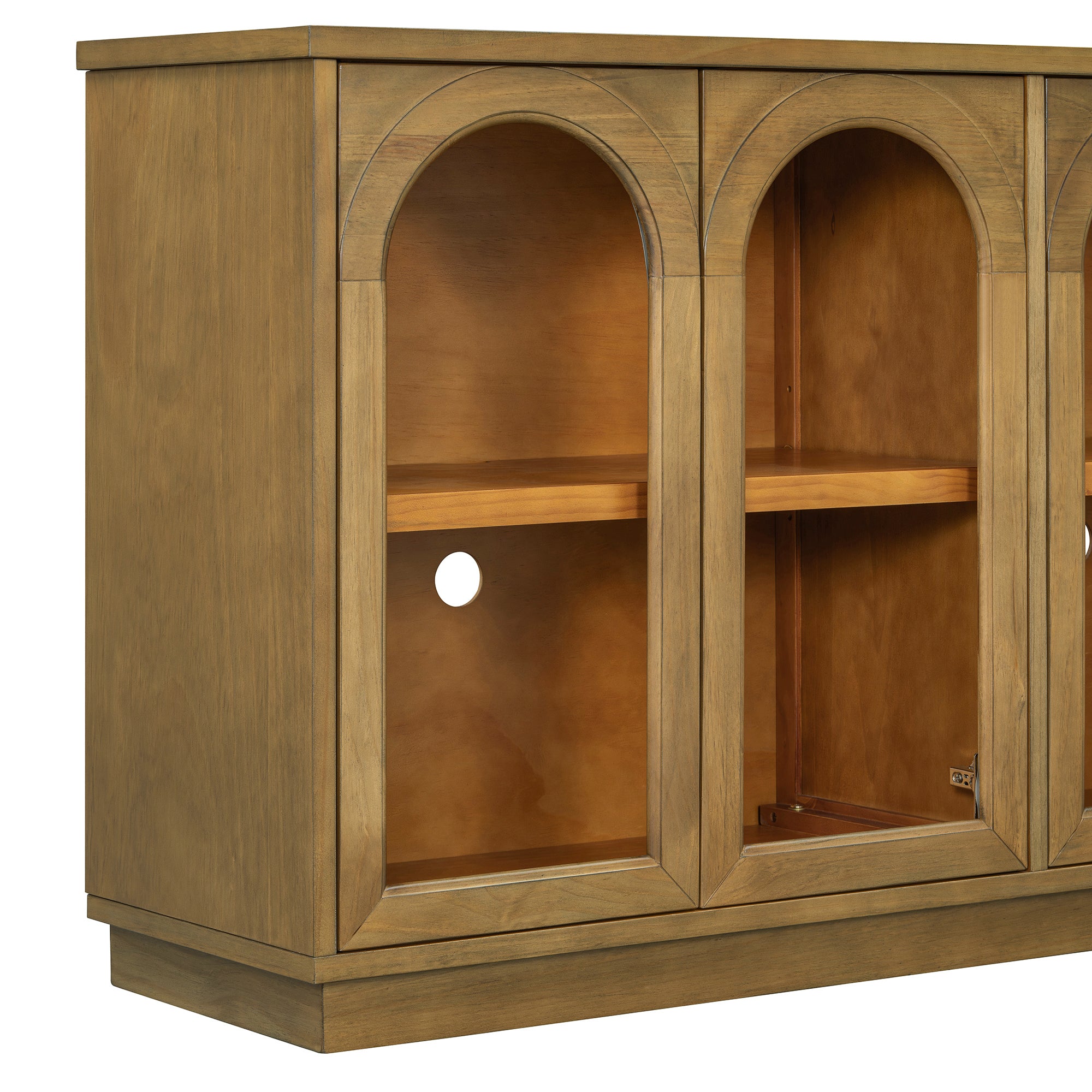 TREXM 4-Door Large Storage Buffet Cabinet with Glass Doors, Arched Cabinet with Adjustable Shelves for Kitchen, Dining Room and Living Room (Old Pine) - Grand Goldman Shop