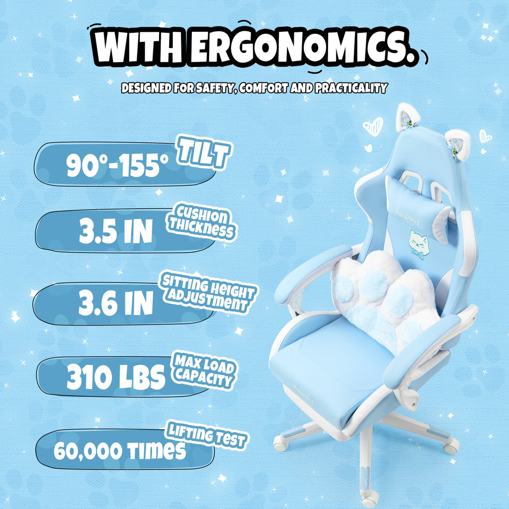 Cat Ears Gaming Chair - Ergonomic PU Leather Office Chair, Cute Chair with Footrest for Adult 310lbs Capacity, 90°-155° Recli