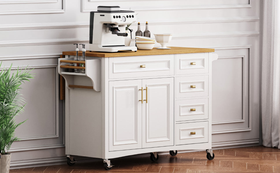 K&K 52'' Kitchen Island with Drop Leaf, Embossed Texture Kitchen Island on Wheels with Spice Rack, Towel Rack, 2 Doors and 5 Drawers, Kitchen Storage Cart with Adjustable Shelf for Kitchen, White - Grand Goldman Shop