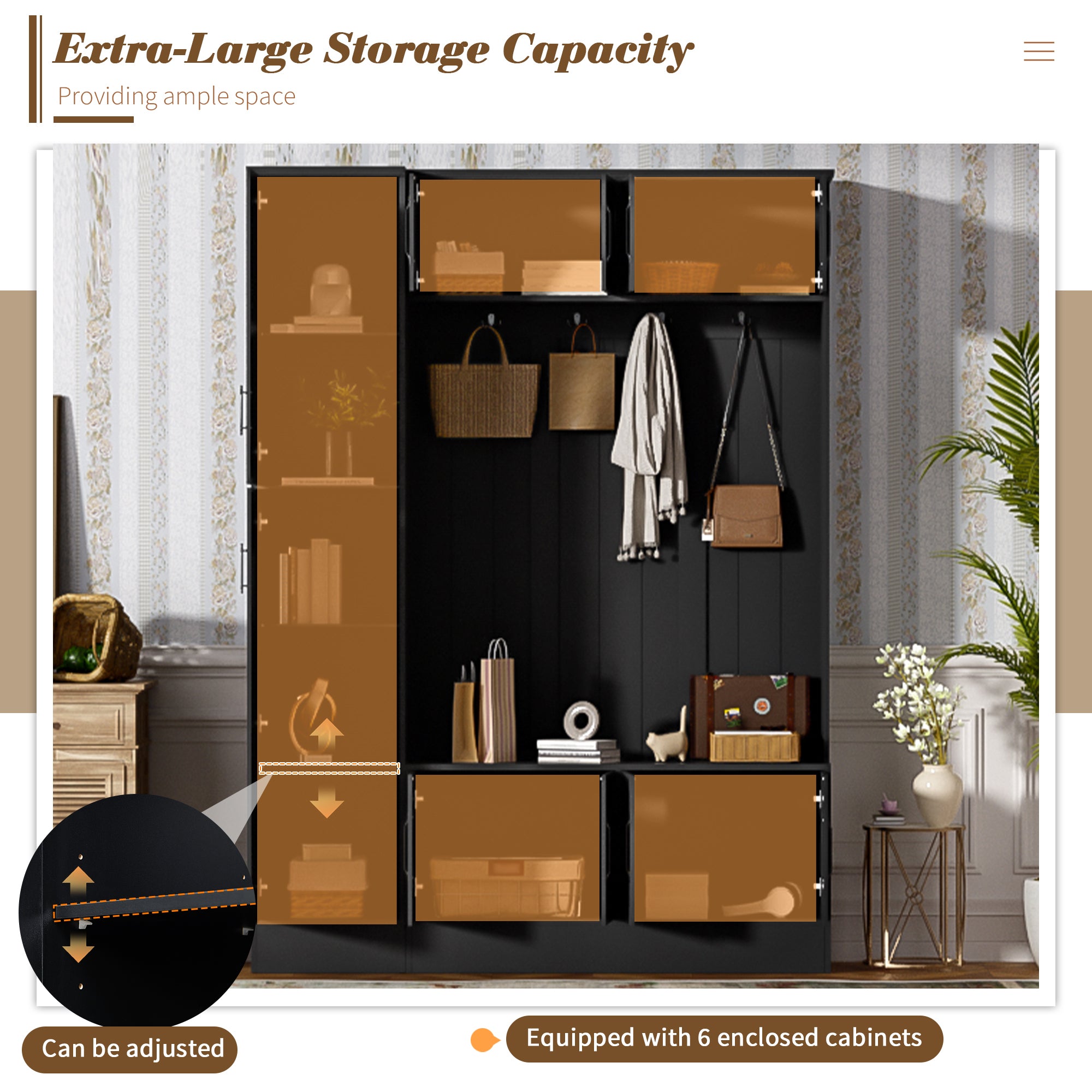 VIBE HAUS 79'' Tall Modern Hall Tree with Shoe Storage, 4-in-1 Entryway Bench with 6 Cabinets, 4 Coat Hooks & Adjustable Shelf for Hallway, living room, Black - Grand Goldman Shop